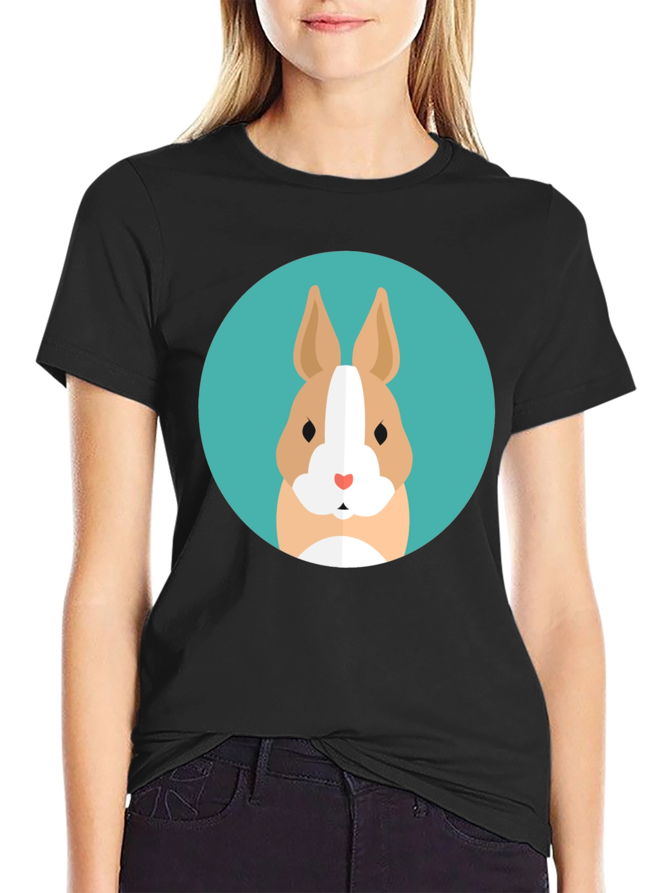 Cute Bunny Graphic Tee - Soft Black Cotton T-Shirt