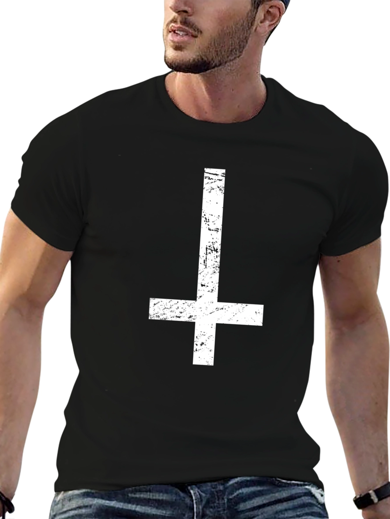 Inverted Cross Graphic Print Black T-Shirt