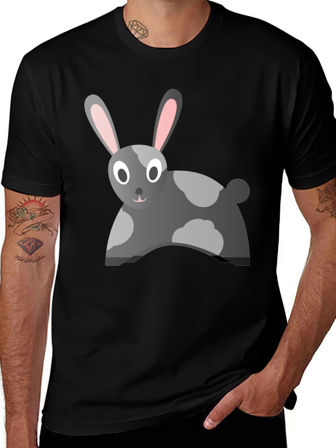 Cartoon Rabbit Graphic Tee - Black Cotton Blend