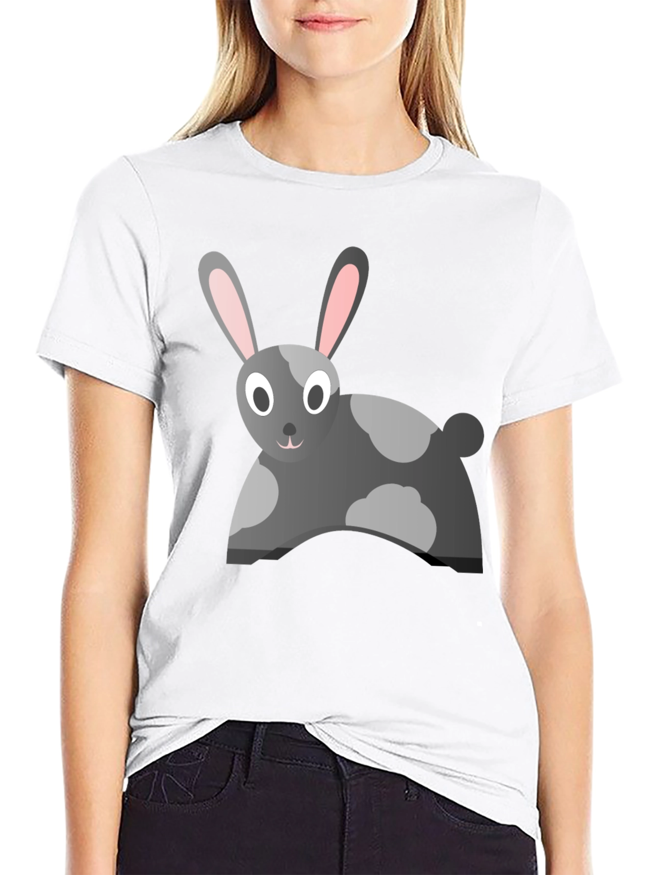 Cartoon Rabbit Graphic Tee - Black Cotton Blend