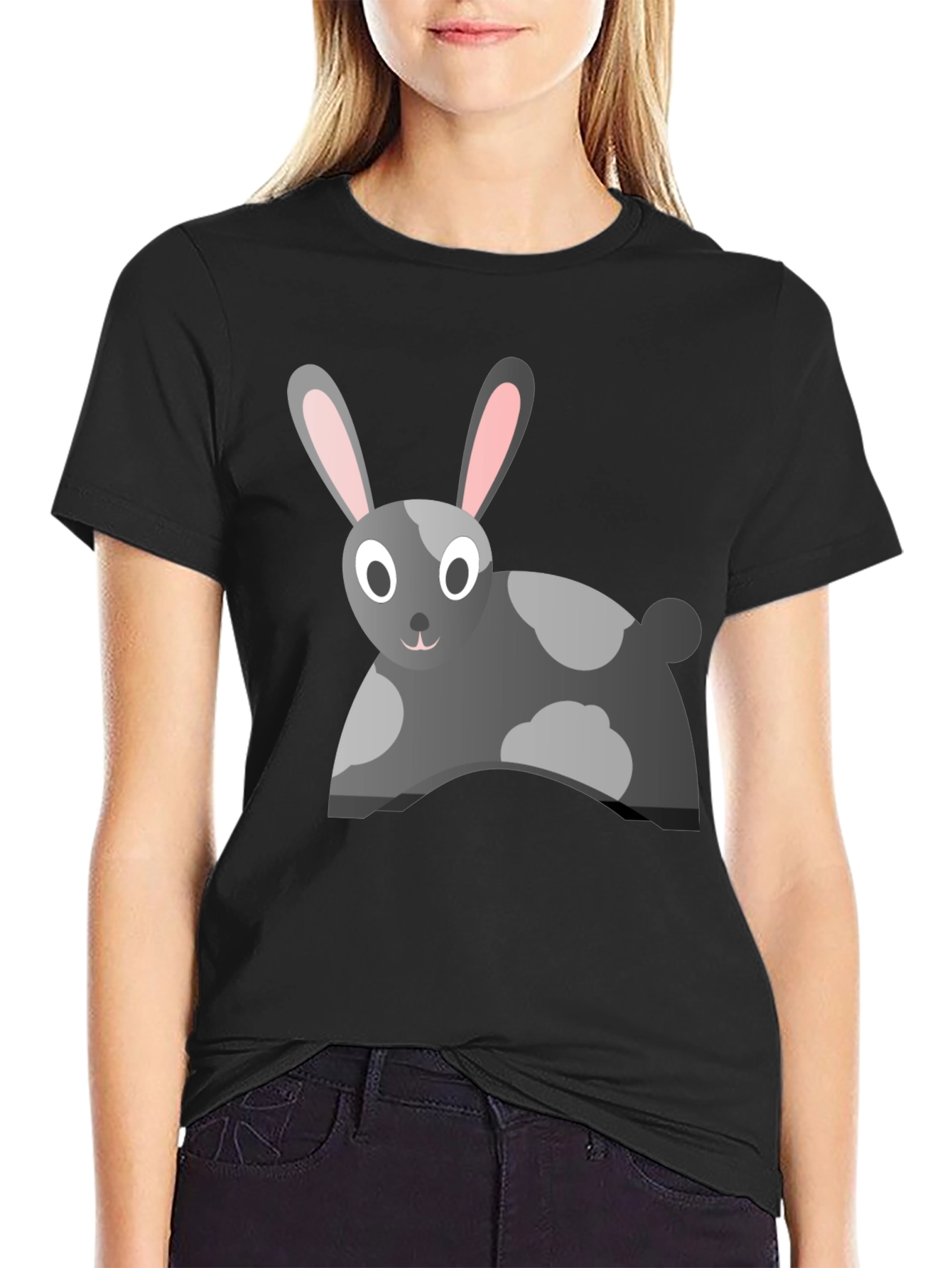 Cartoon Rabbit Graphic Tee - Black Cotton Blend