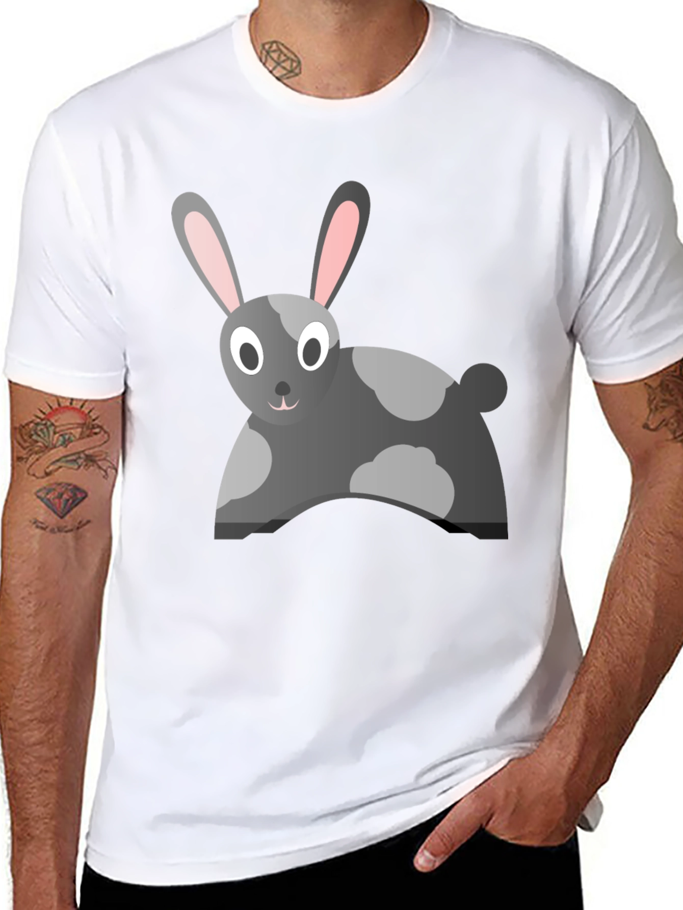 Cartoon Rabbit Graphic Tee - Black Cotton Blend