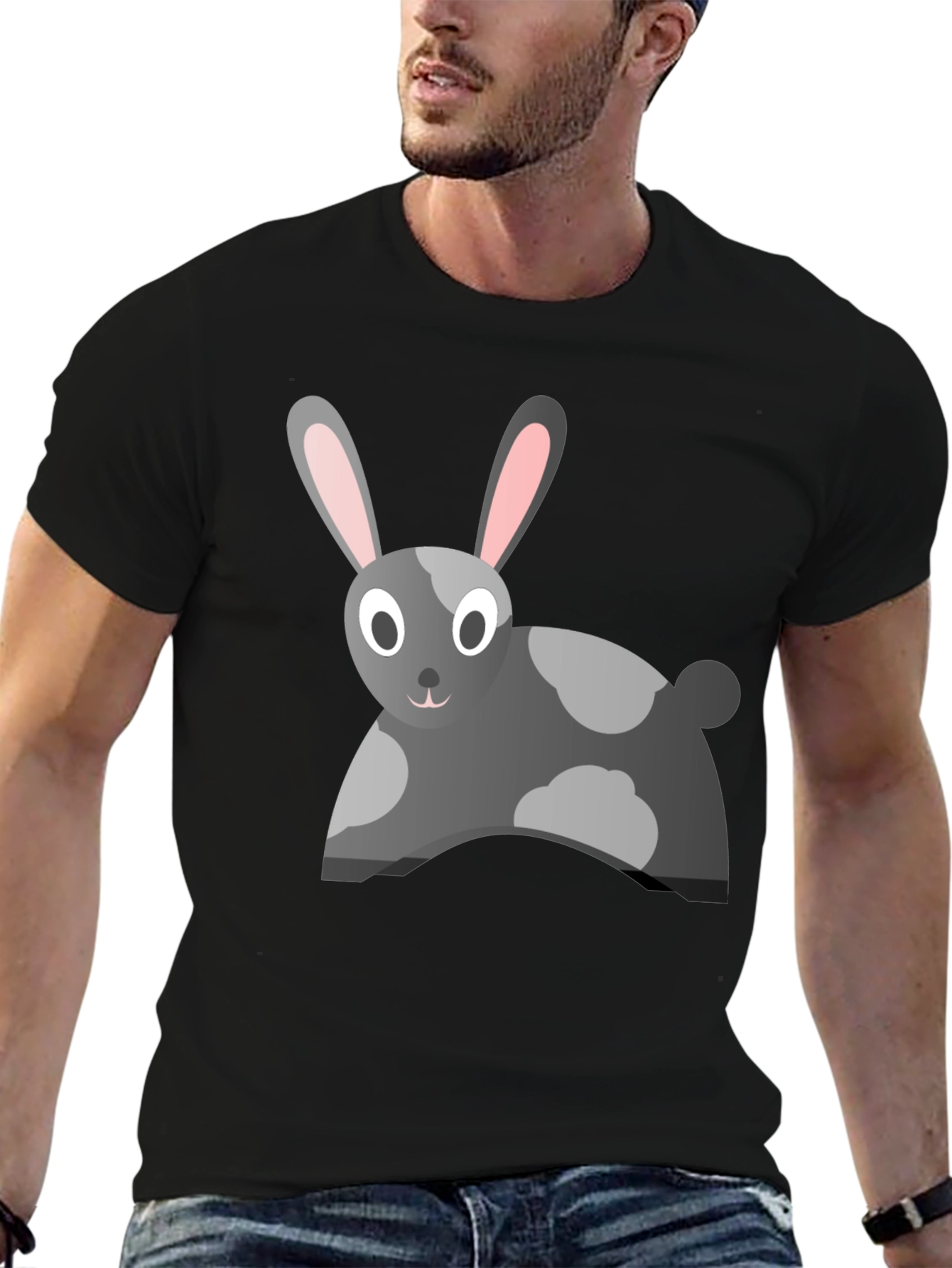Cartoon Rabbit Graphic Tee - Black Cotton Blend