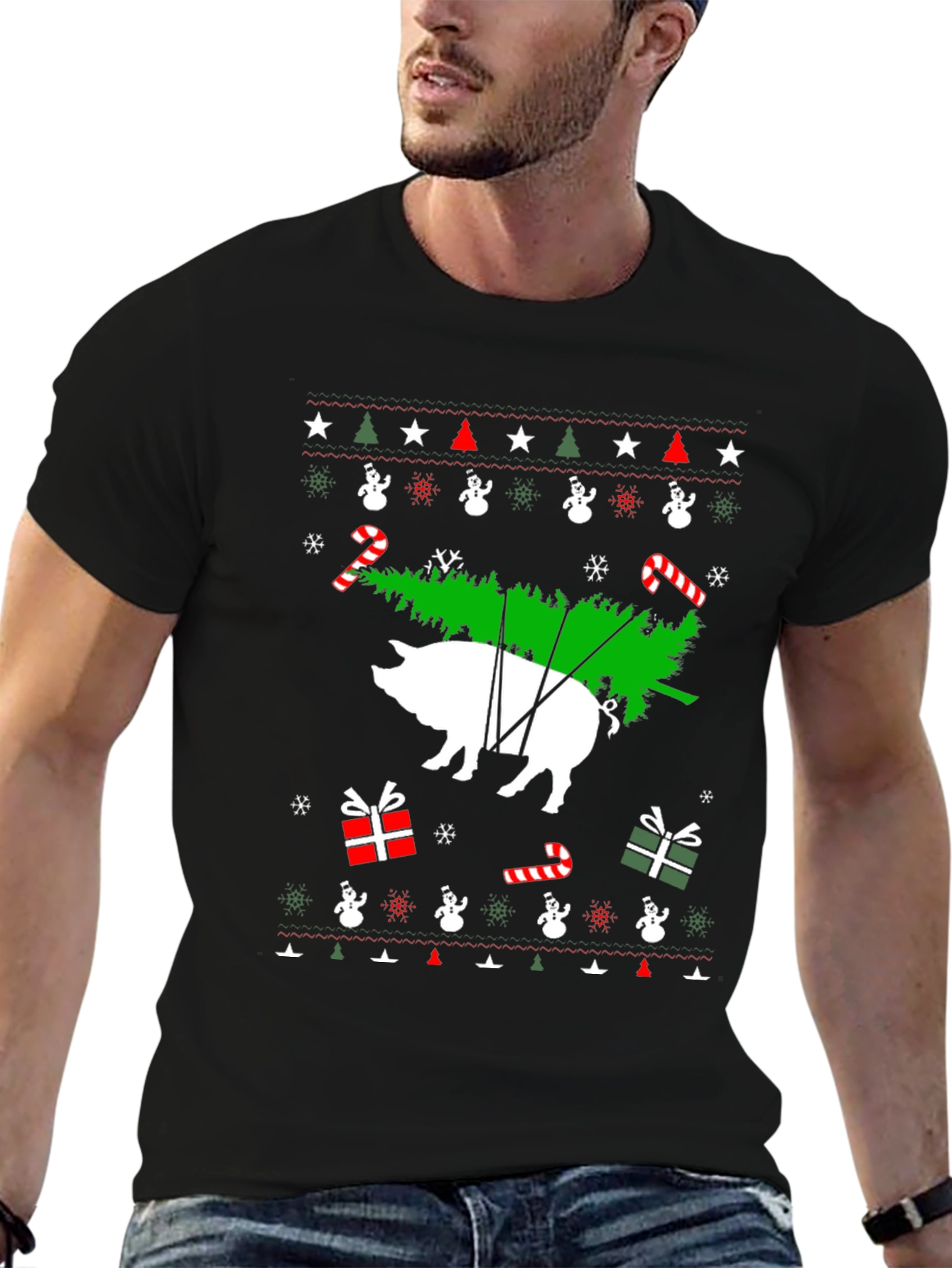 Pig Christmas Tree Black T-Shirt