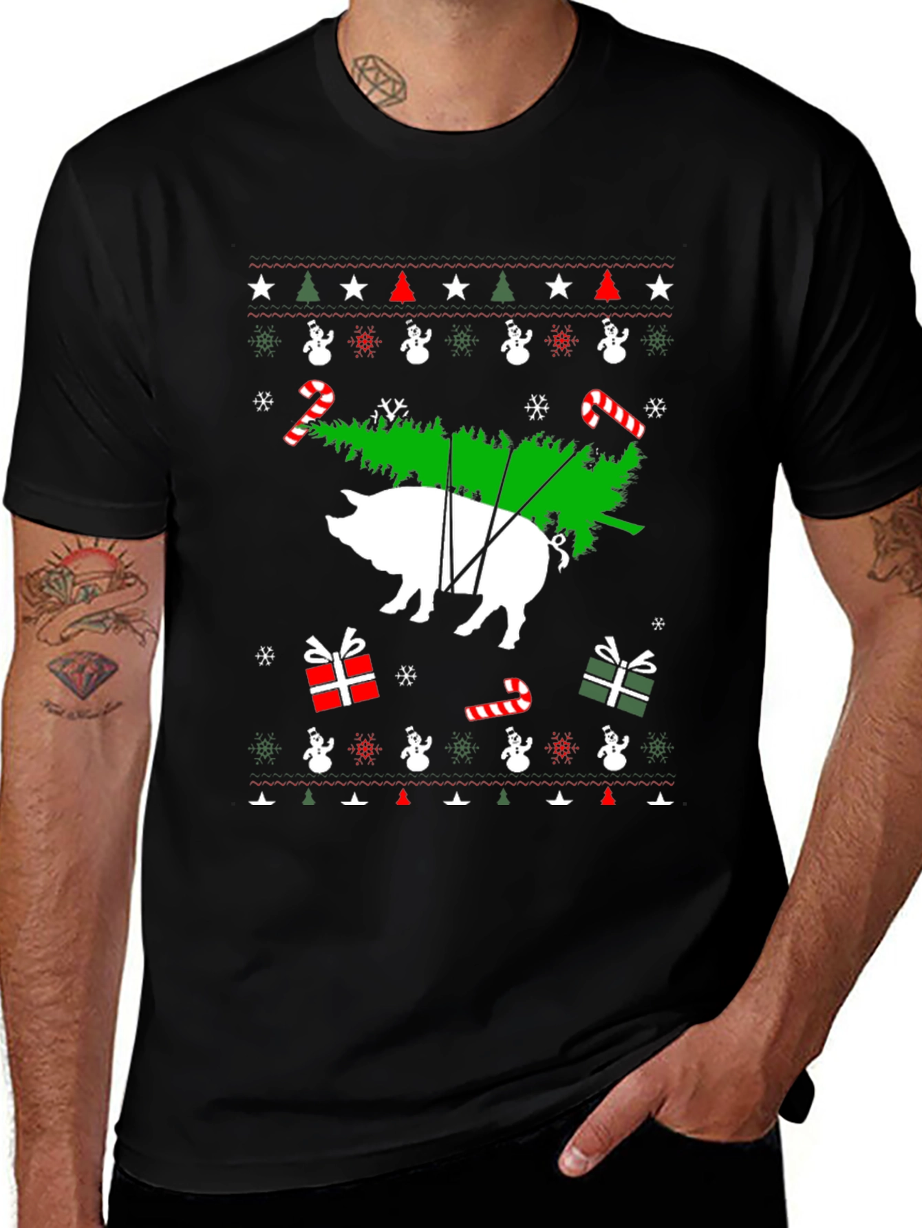 Pig Christmas Tree Black T-Shirt