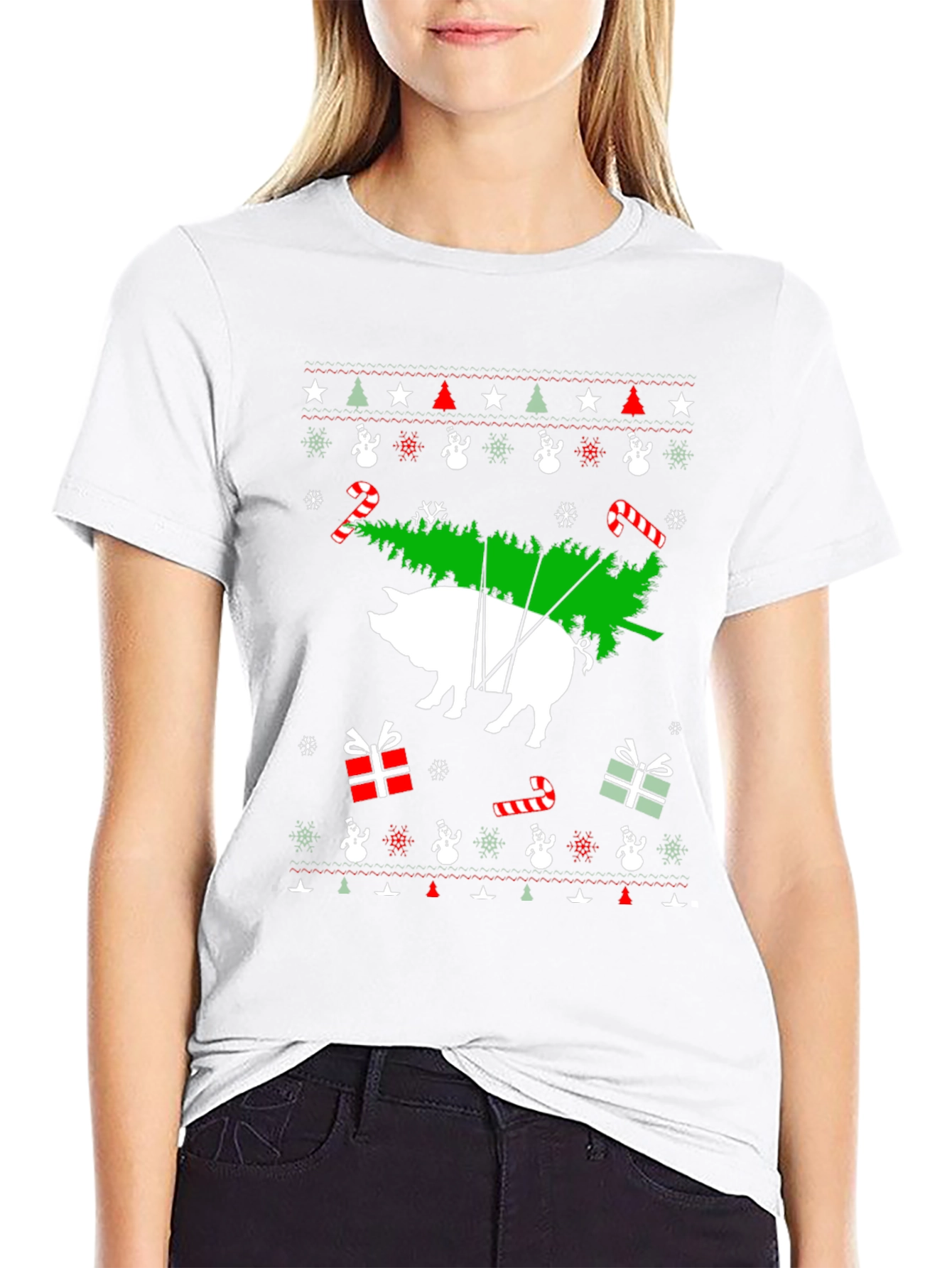 Pig Christmas Tree Black T-Shirt