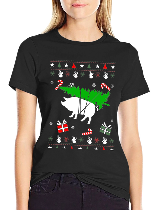 Pig Christmas Tree Black T-Shirt