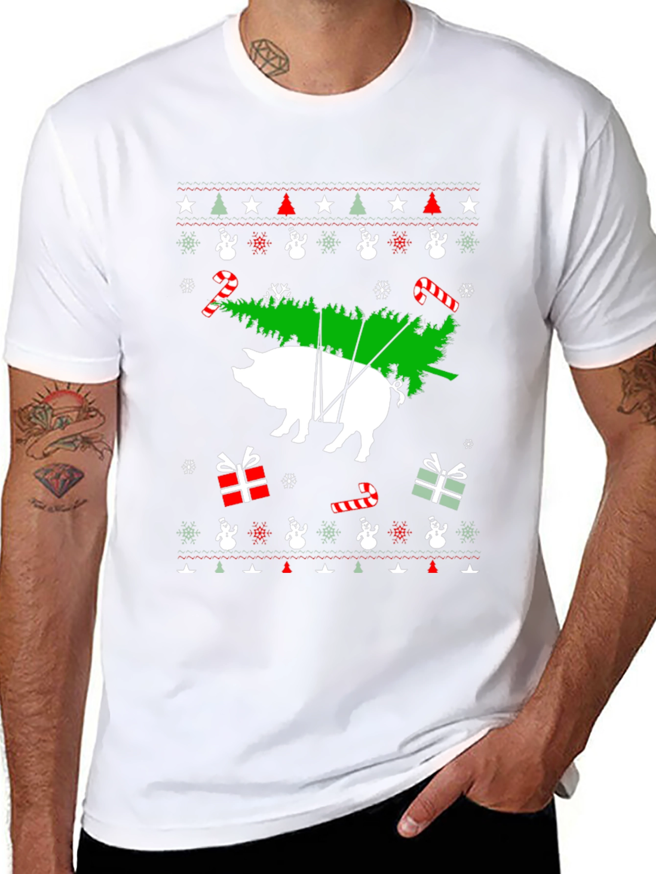 Pig Christmas Tree Black T-Shirt