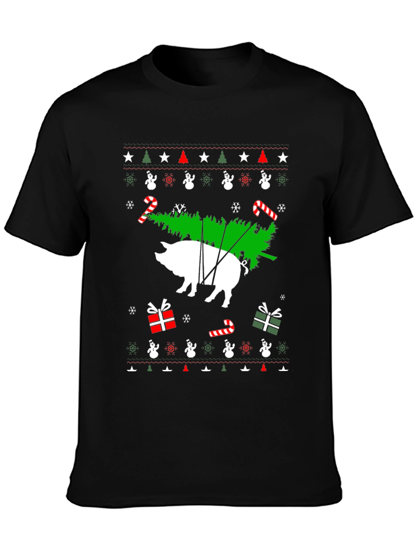 Pig Christmas Tree Black T-Shirt