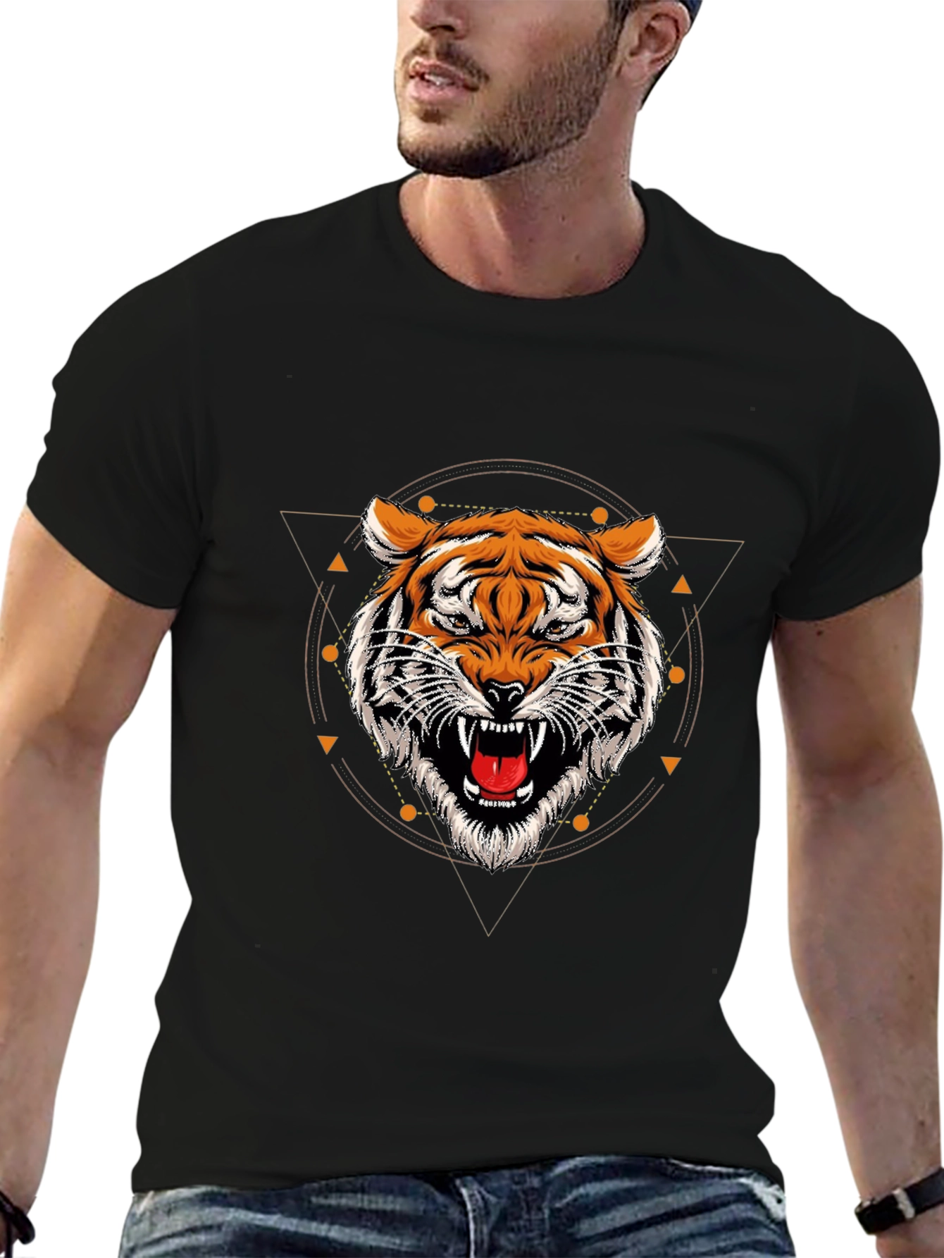 Geometric Tiger Graphic Tee - Stylish Black T-Shirt