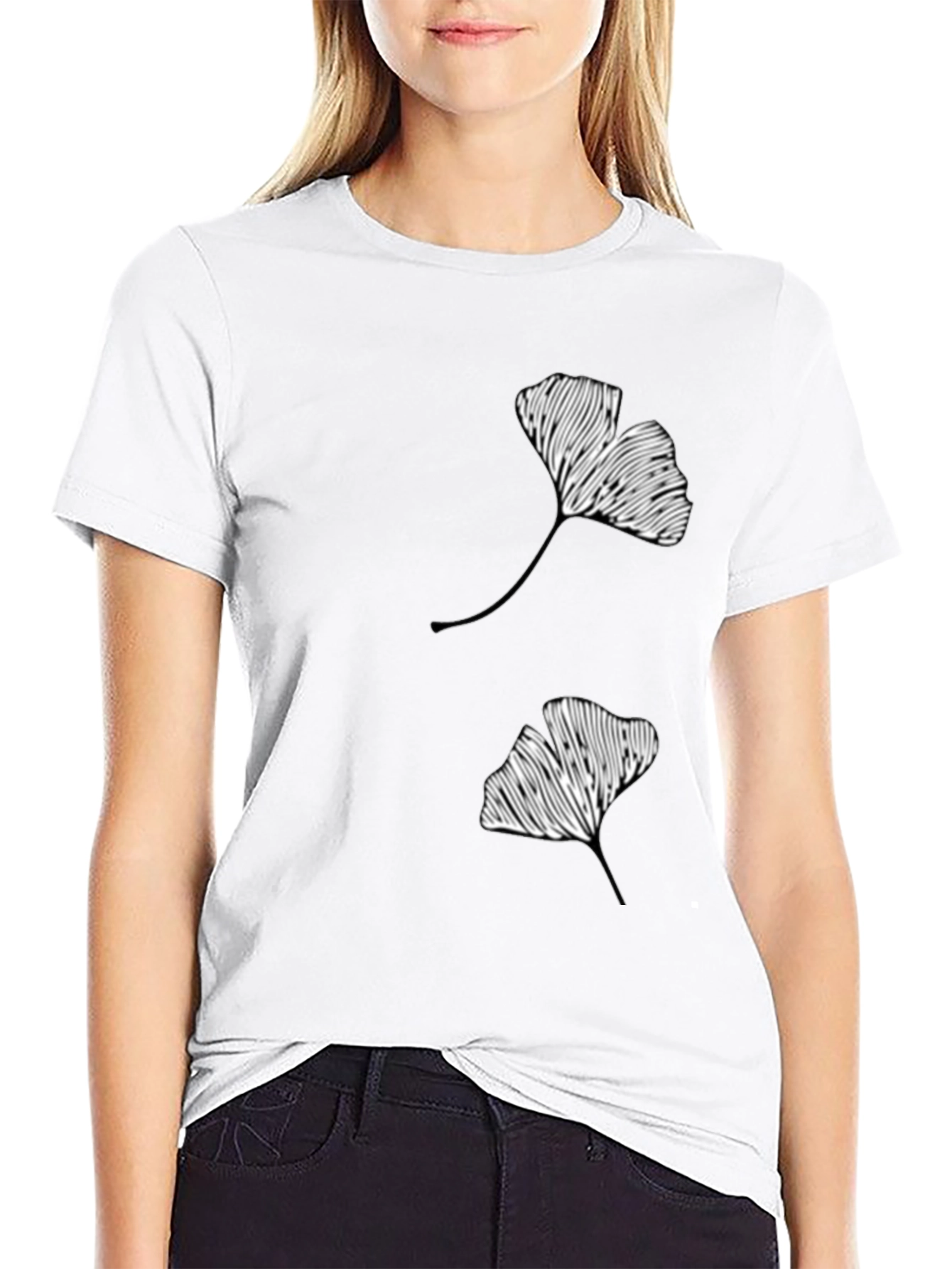 Ginkgo Leaf Graphic Print Black T-Shirt