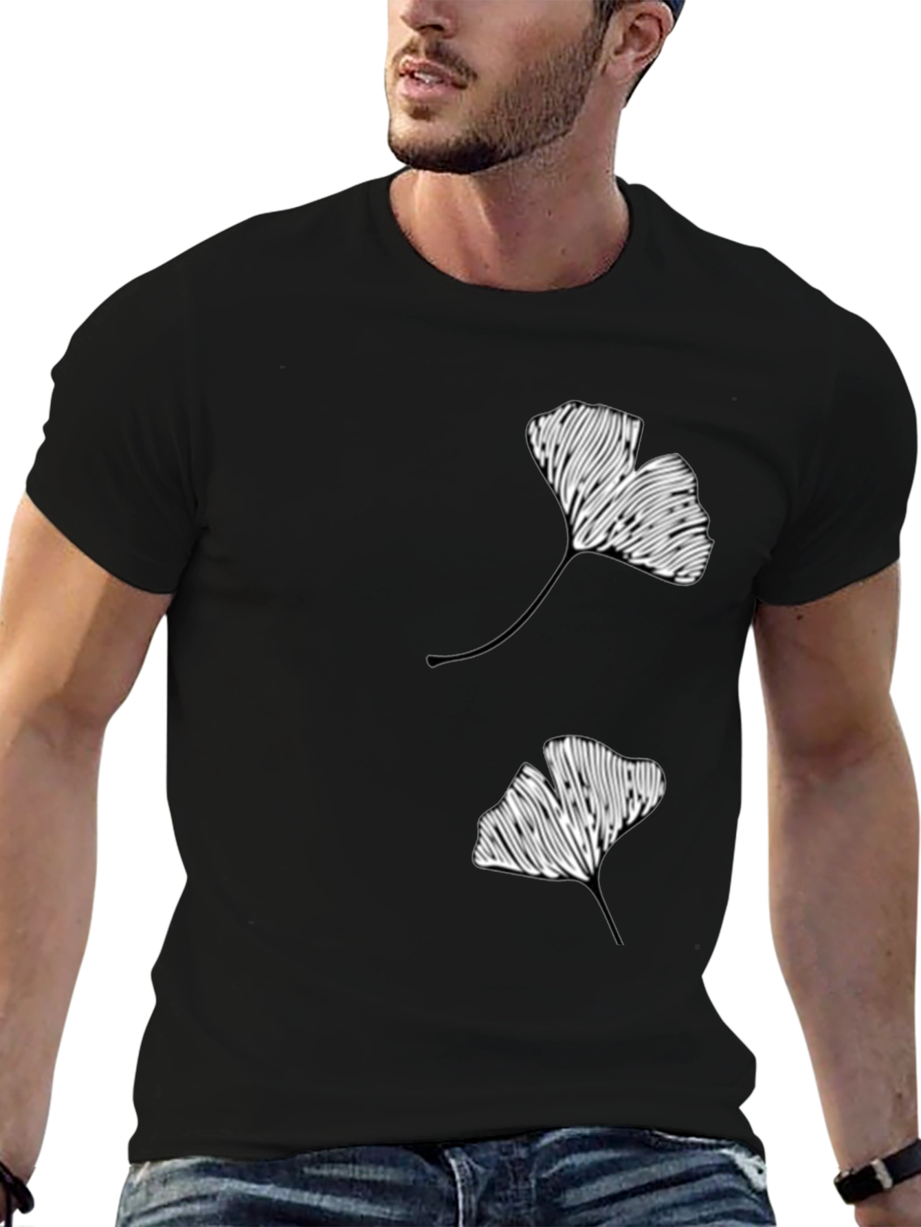 Ginkgo Leaf Graphic Print Black T-Shirt