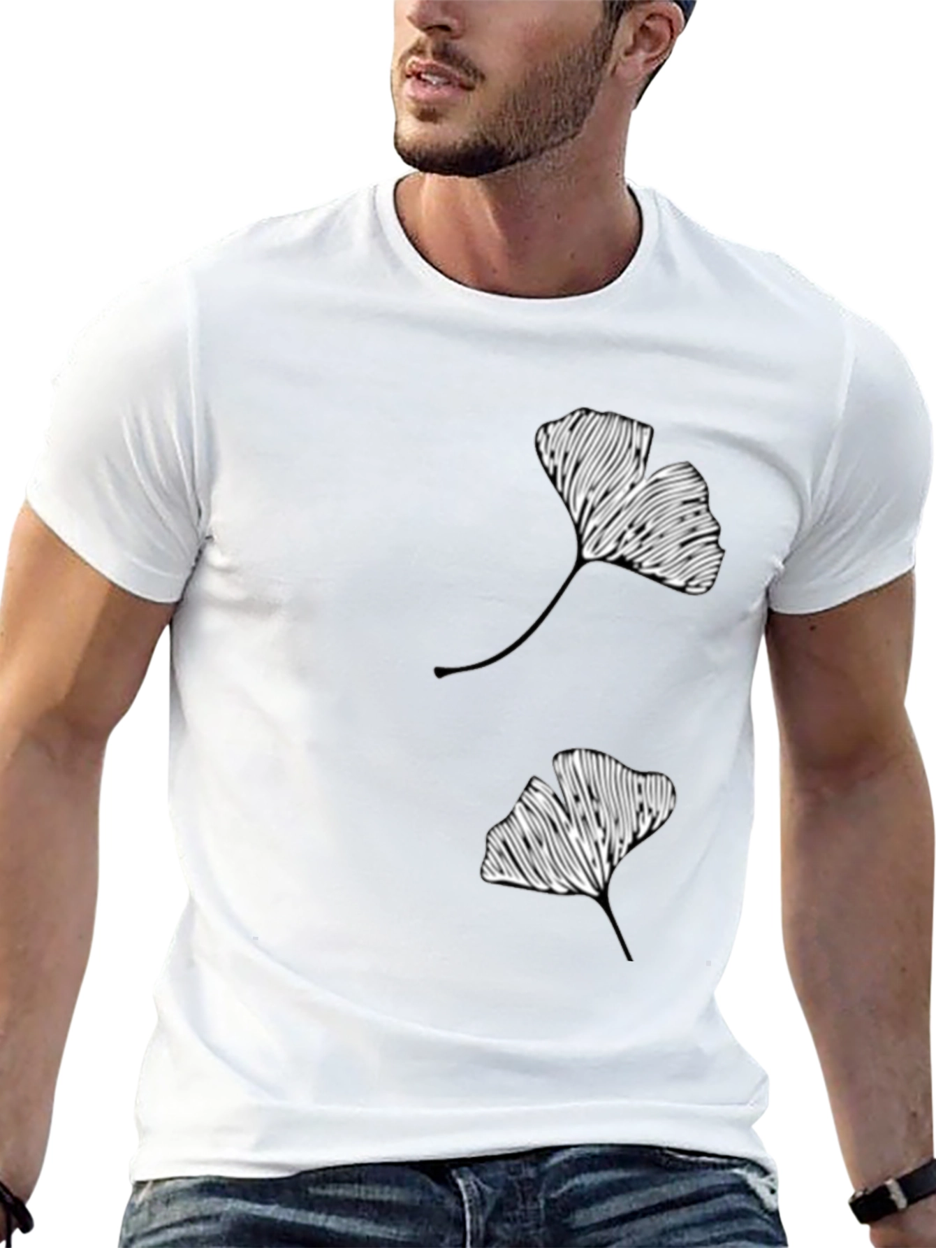 Ginkgo Leaf Graphic Print Black T-Shirt