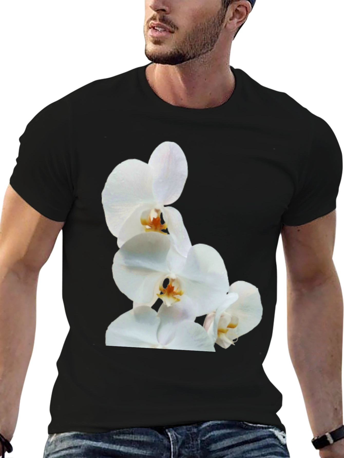 White Orchid Graphic Black Tee