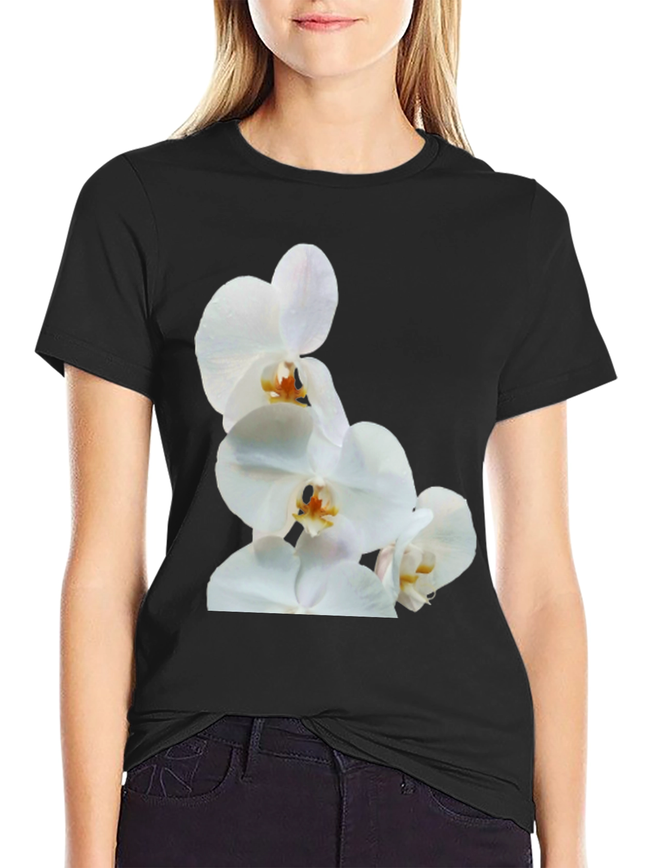 White Orchid Graphic Black Tee