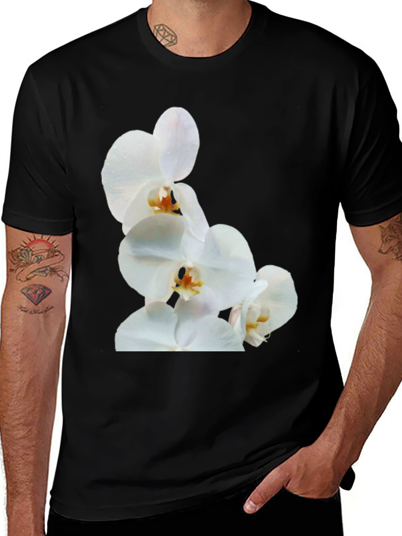 White Orchid Graphic Black Tee