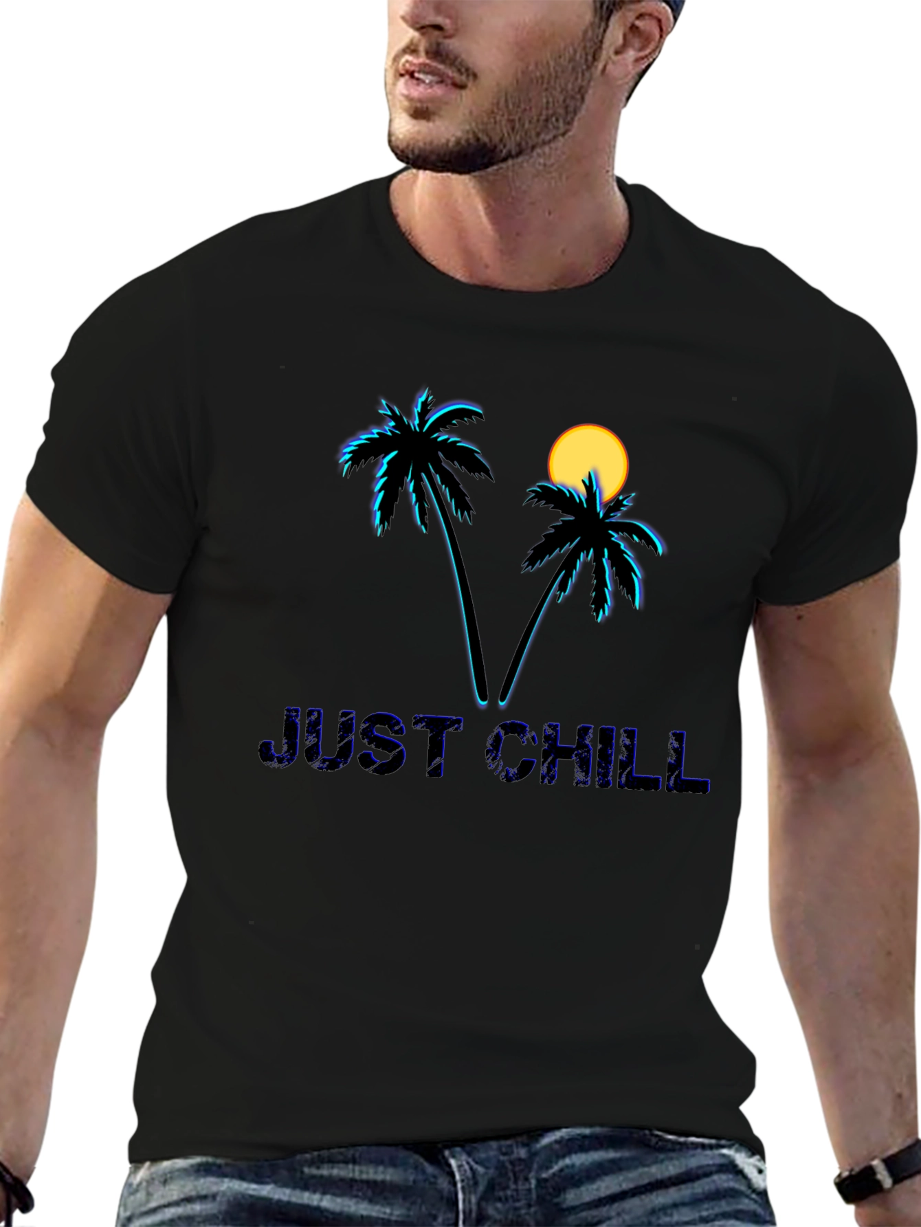Just Chill Palm Tree Graphic Black T-Shirt
