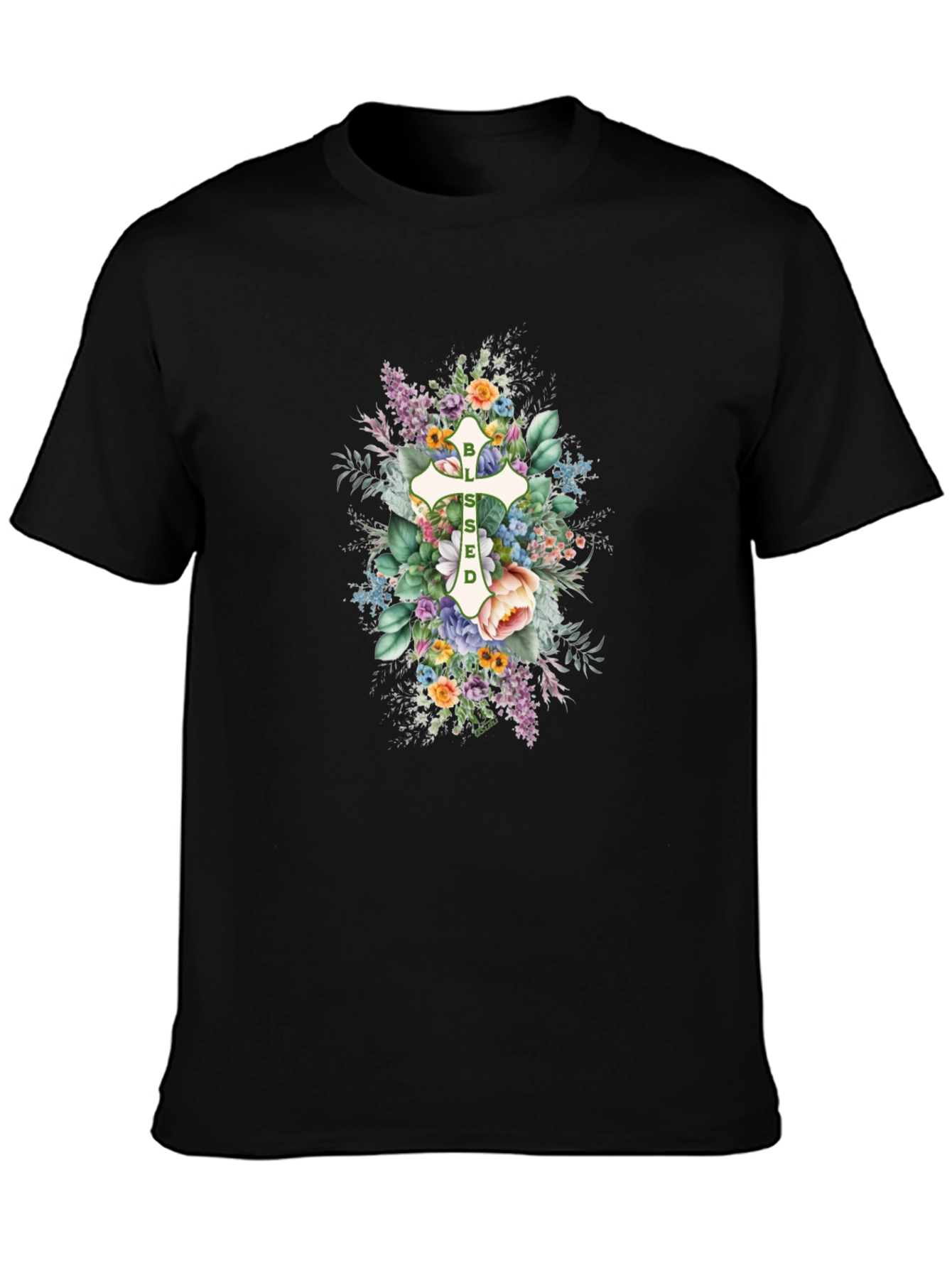 Blessed Floral Cross Graphic T-Shirt