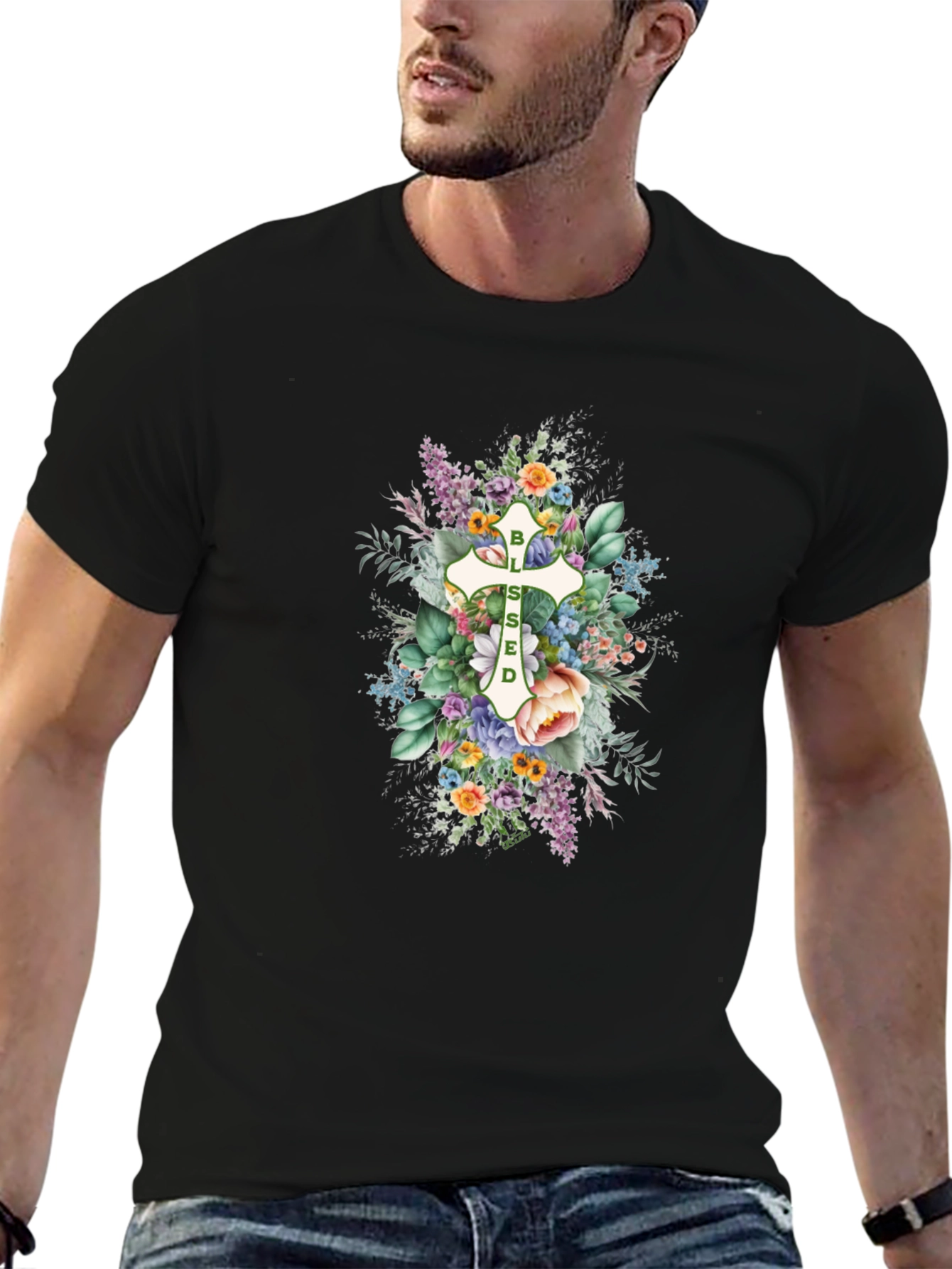 Blessed Floral Cross Graphic T-Shirt