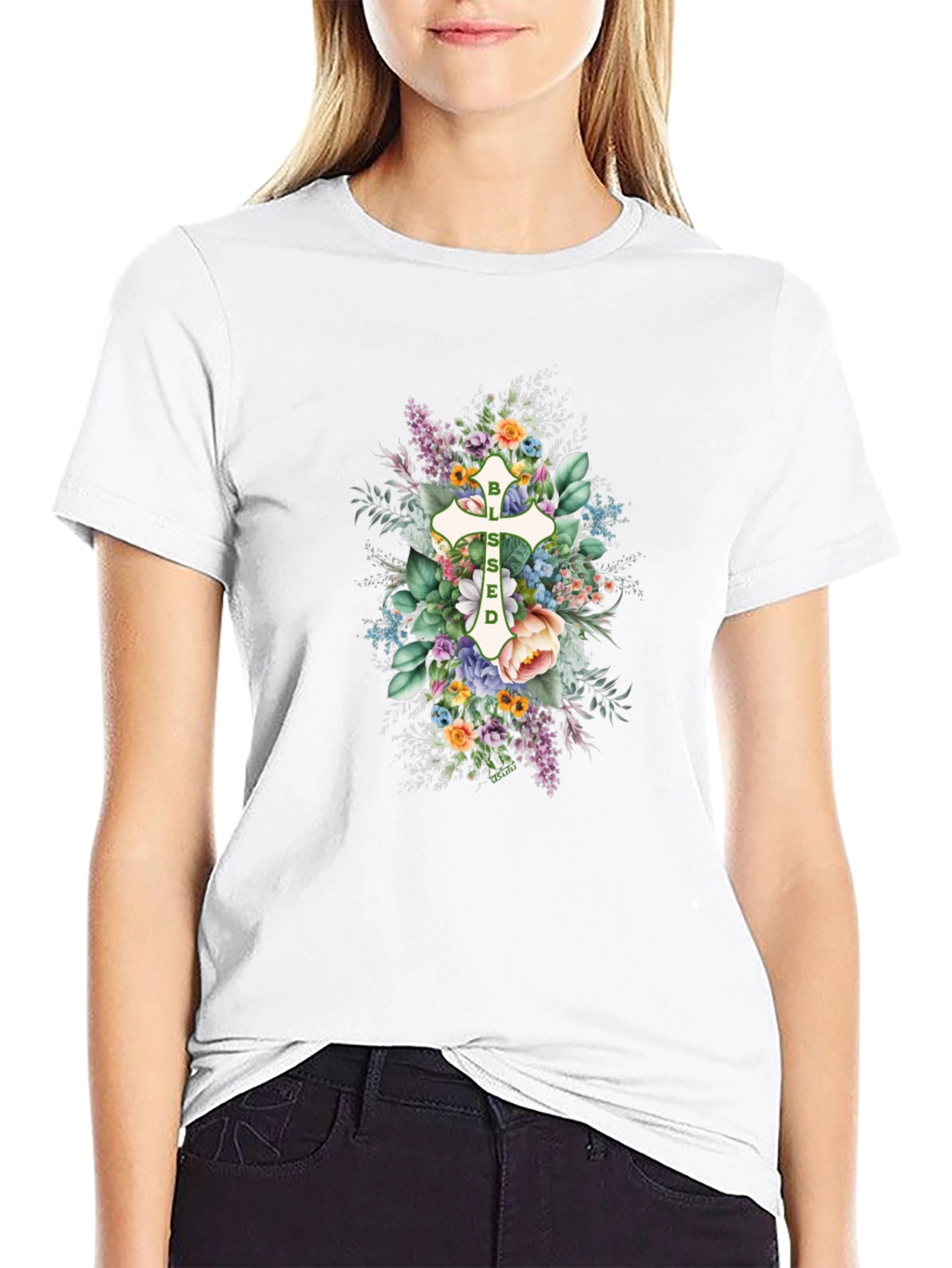 Blessed Floral Cross Graphic T-Shirt