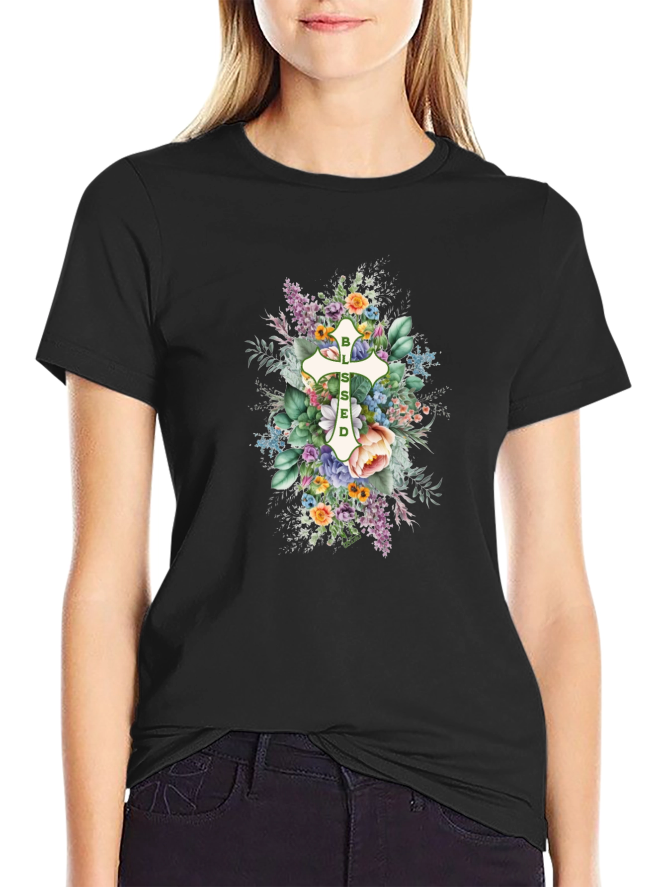 Blessed Floral Cross Graphic T-Shirt