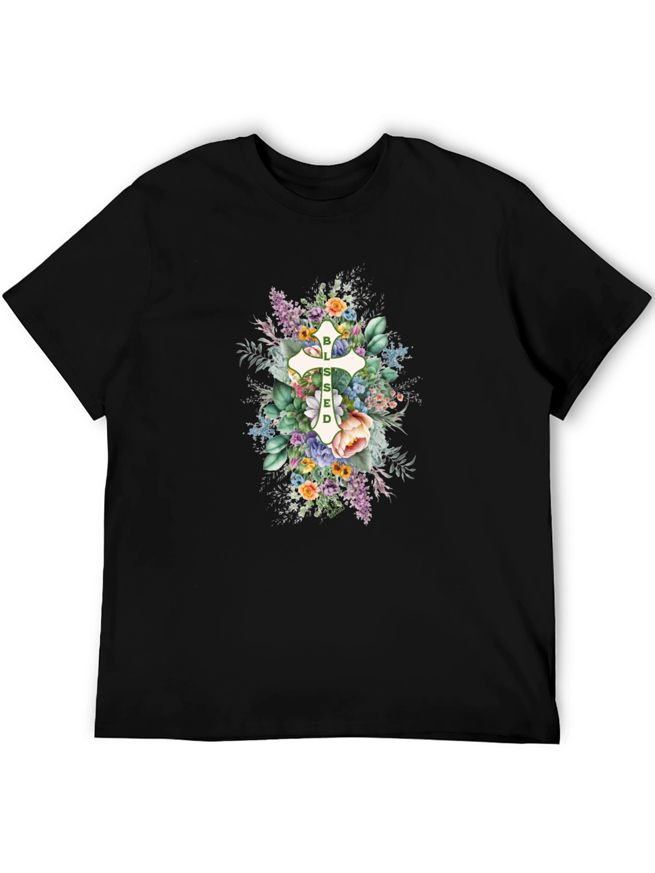 Blessed Floral Cross Graphic T-Shirt