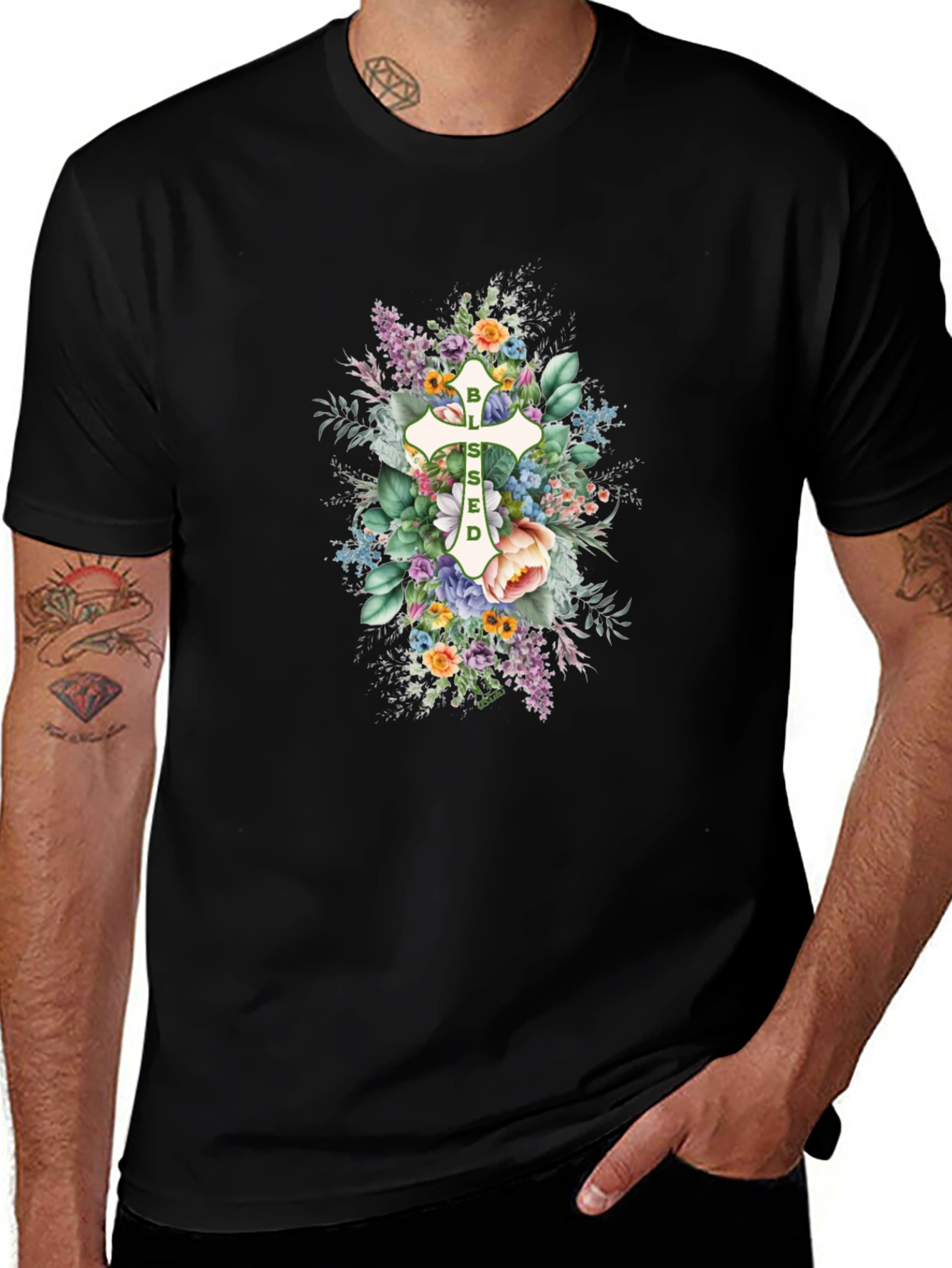 Blessed Floral Cross Graphic T-Shirt