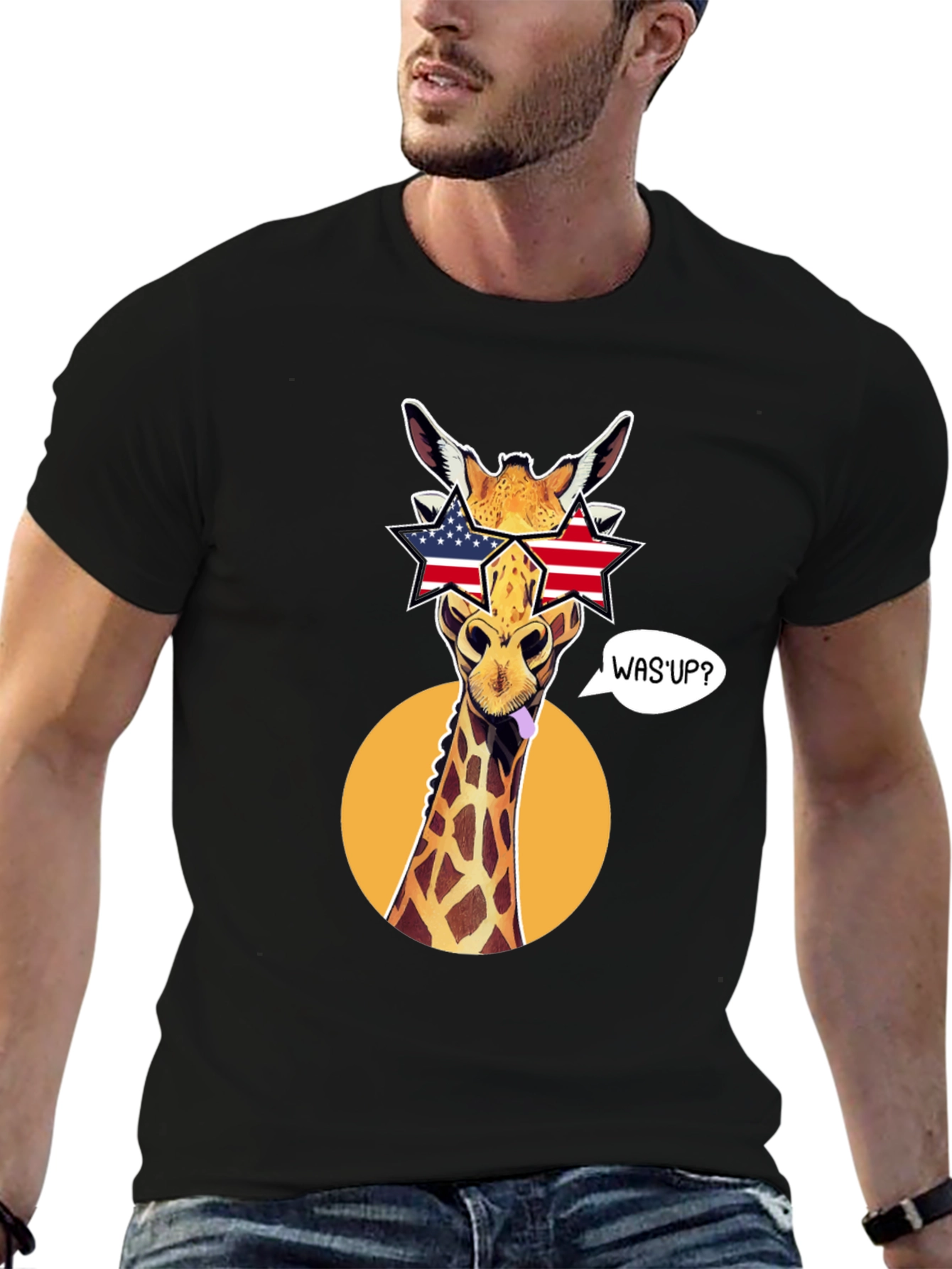 Patriotic Giraffe T-Shirt with Star Sunglasses