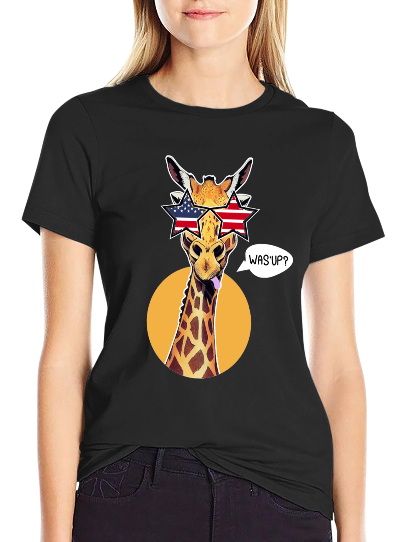 Patriotic Giraffe T-Shirt with Star Sunglasses