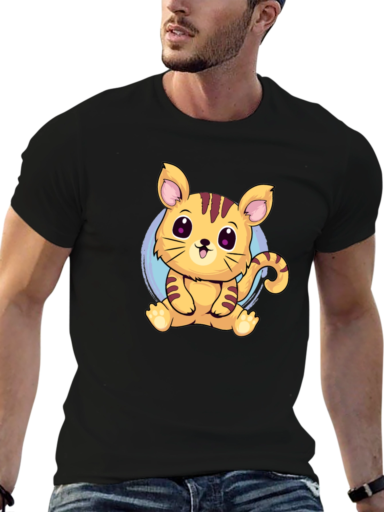 Cute Cartoon Cat Graphic Tee - Black