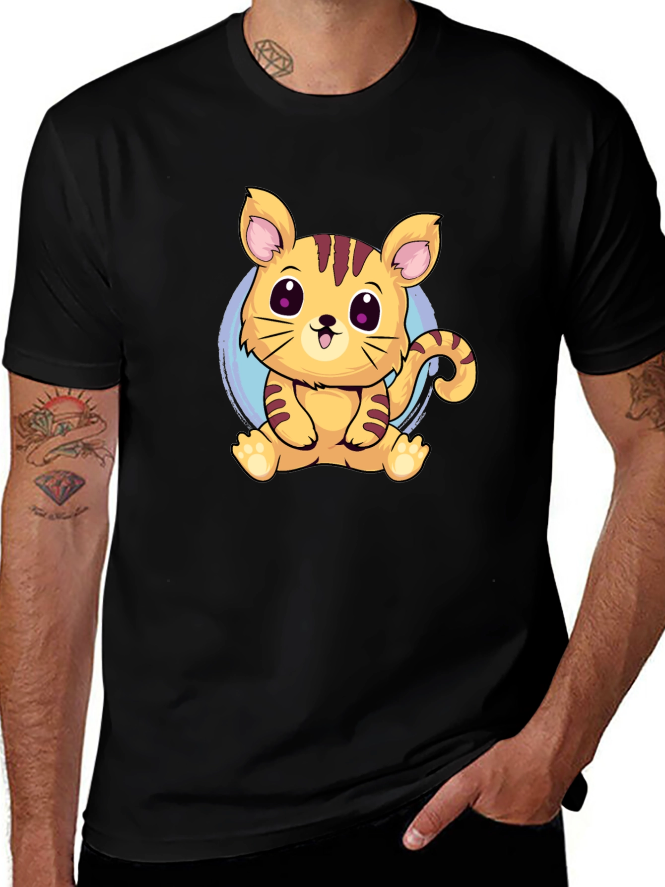 Cute Cartoon Cat Graphic Tee - Black