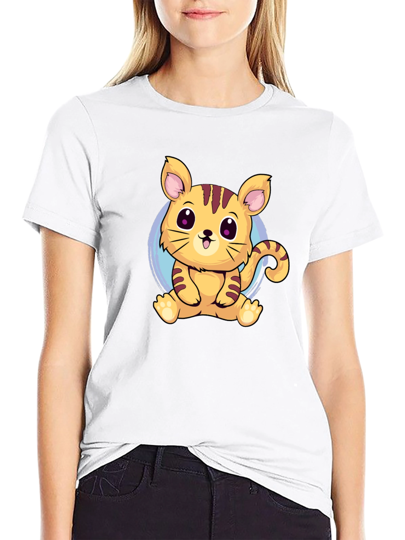 Cute Cartoon Cat Graphic Tee - Black