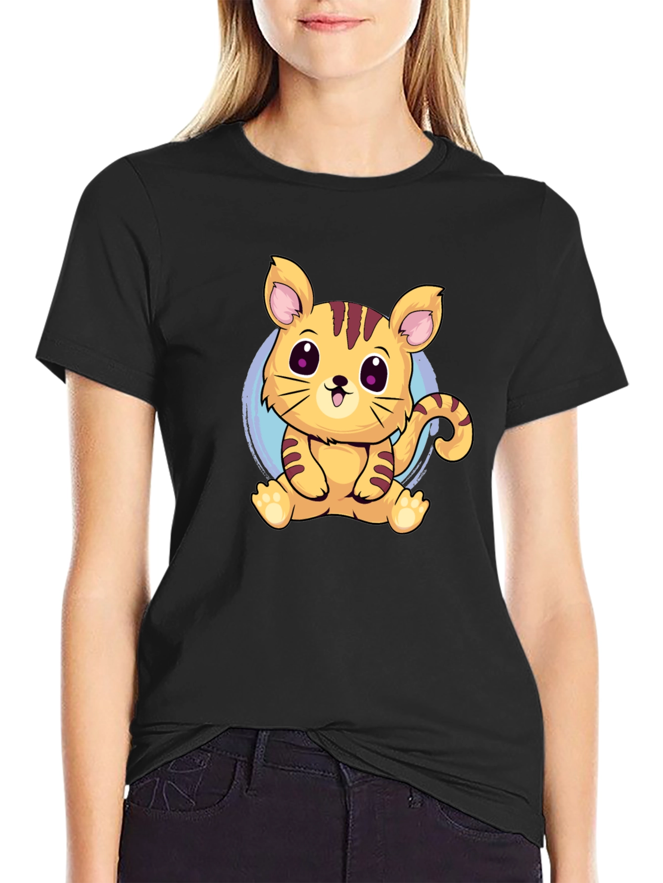 Cute Cartoon Cat Graphic Tee - Black