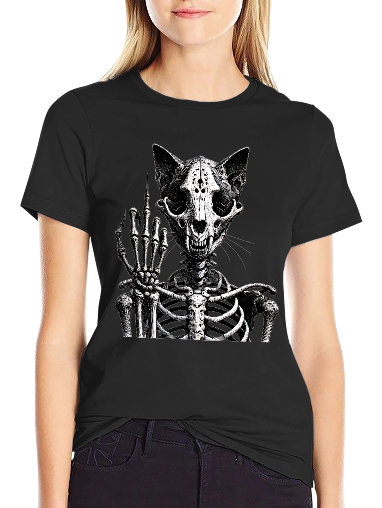 Cat Skeleton T-Shirt Flipping The Bird