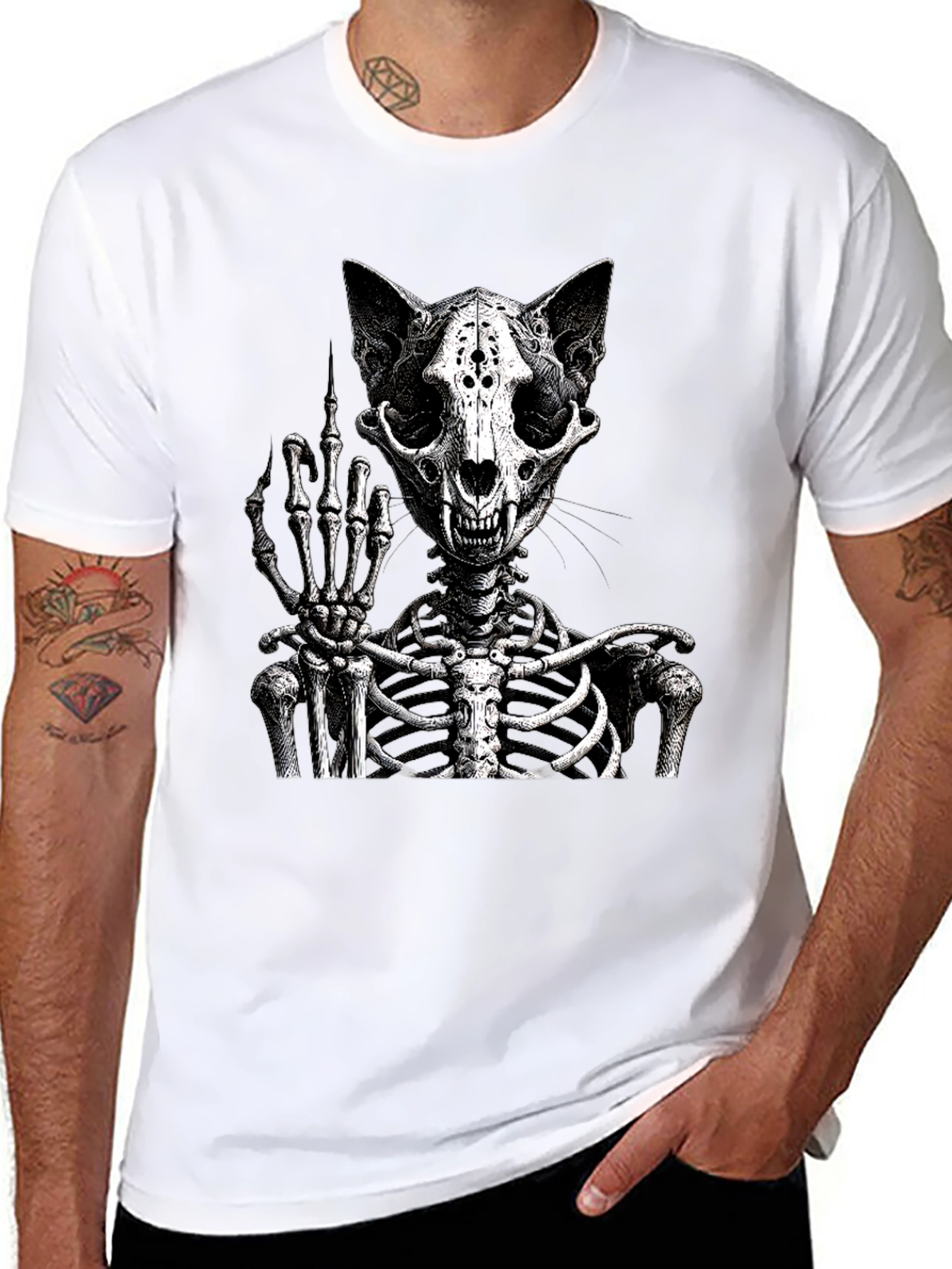 Cat Skeleton T-Shirt Flipping The Bird