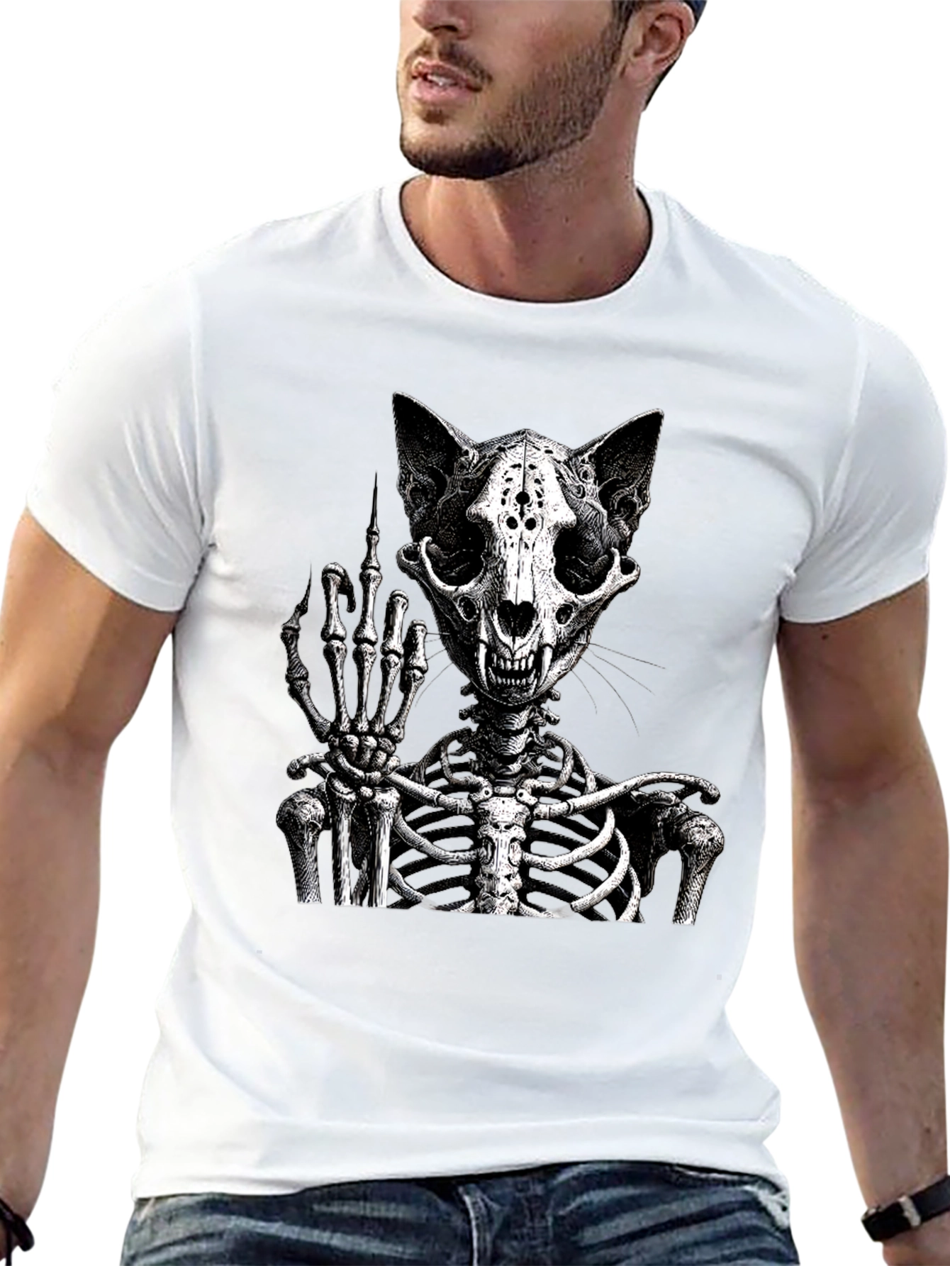 Cat Skeleton T-Shirt Flipping The Bird