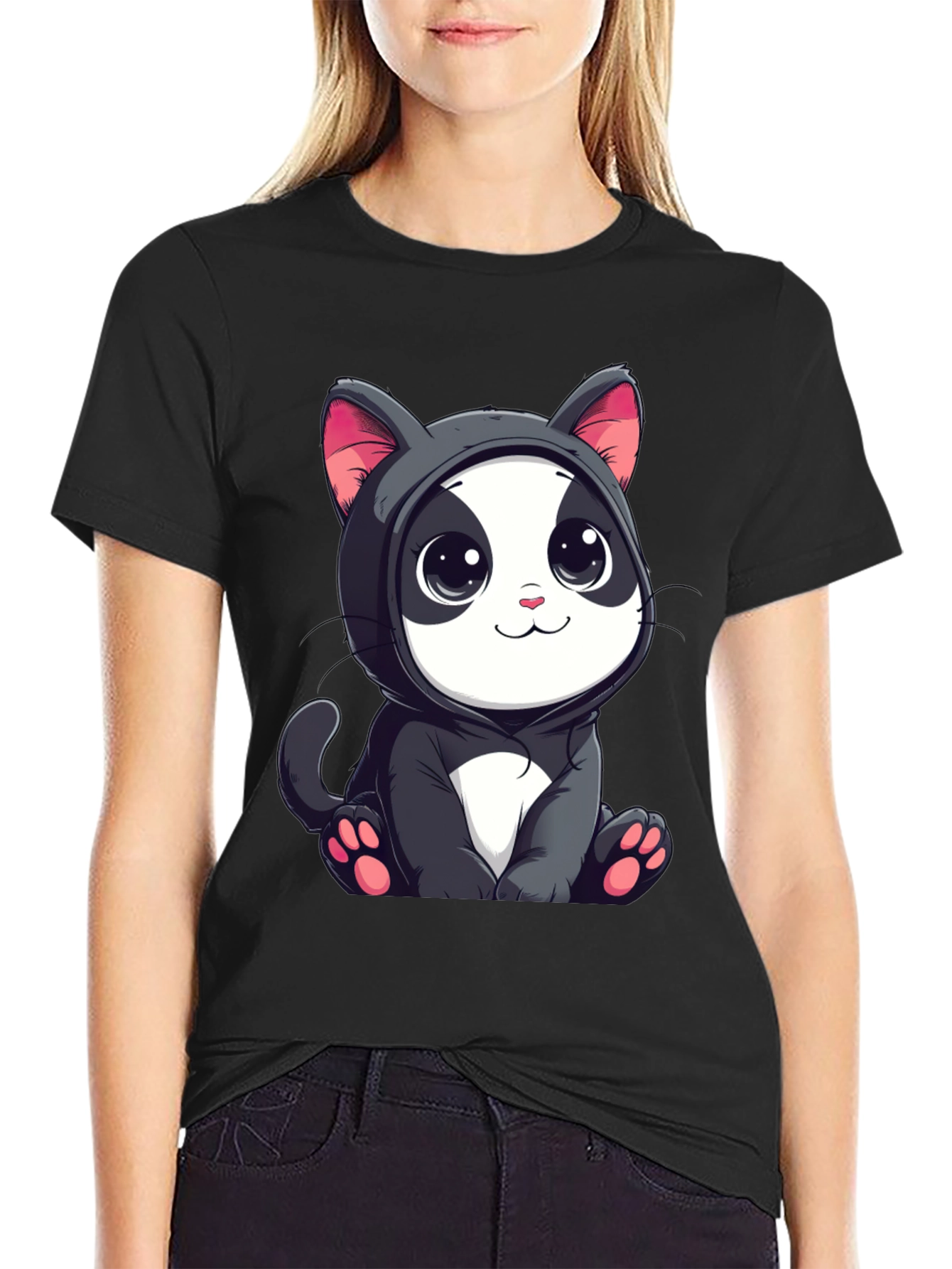 Cute Cartoon Cat T-Shirt - Unisex Black Tee