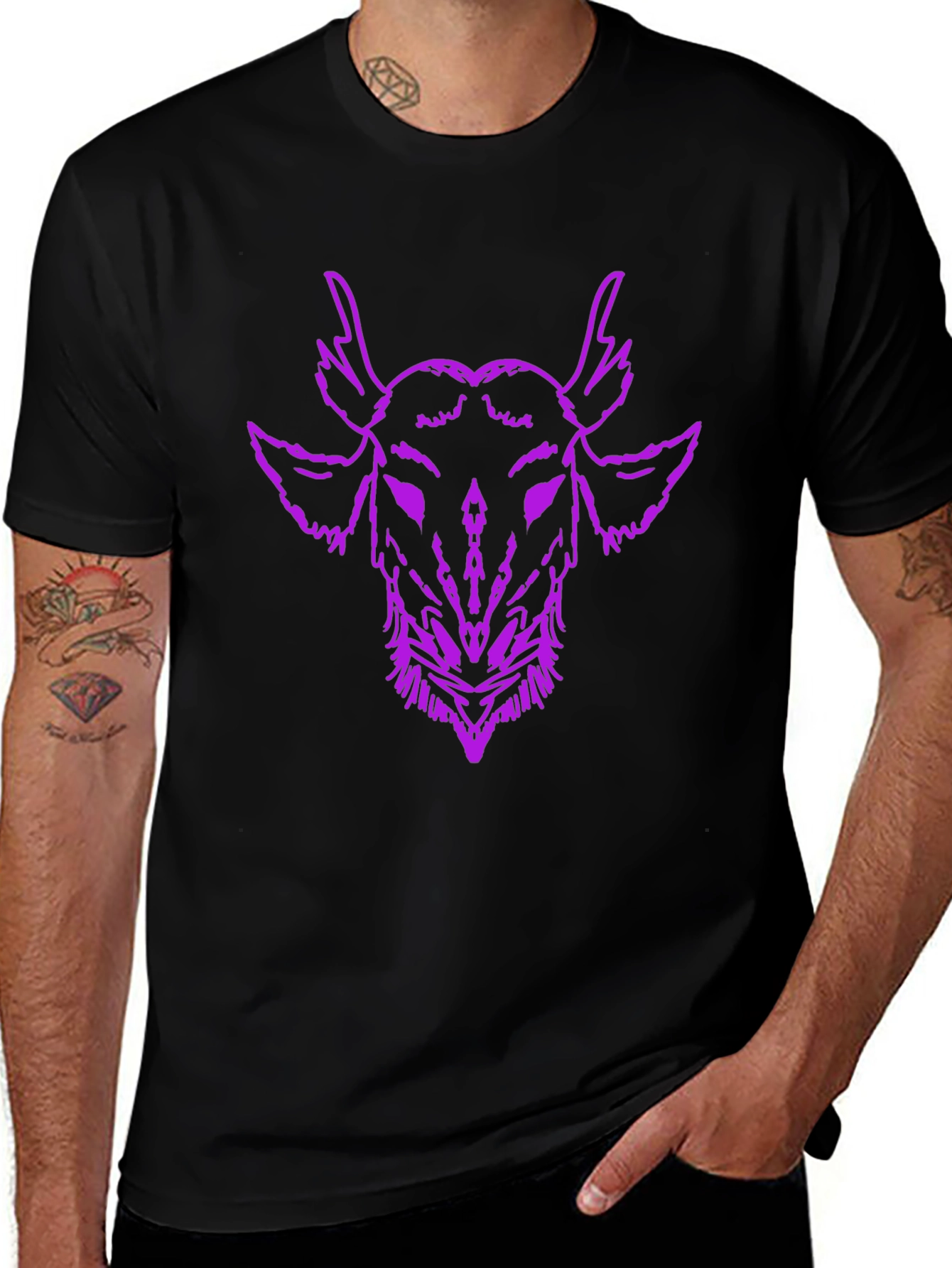 Mens Black T-Shirt with Purple Goat Head Graphic