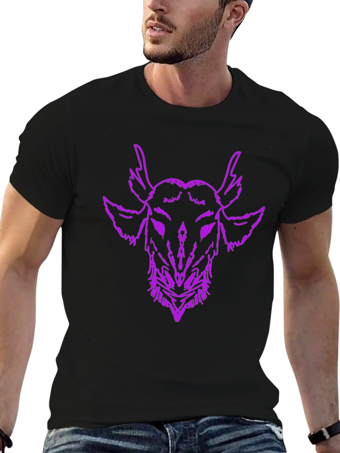 Mens Black T-Shirt with Purple Goat Head Graphic