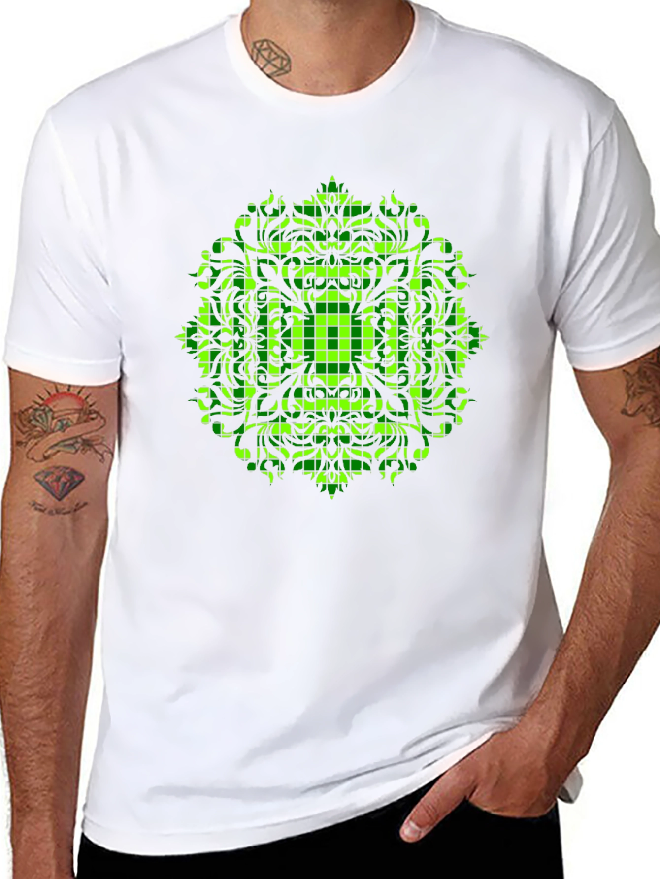 Geometric Green Mandala Graphic Black T-Shirt
