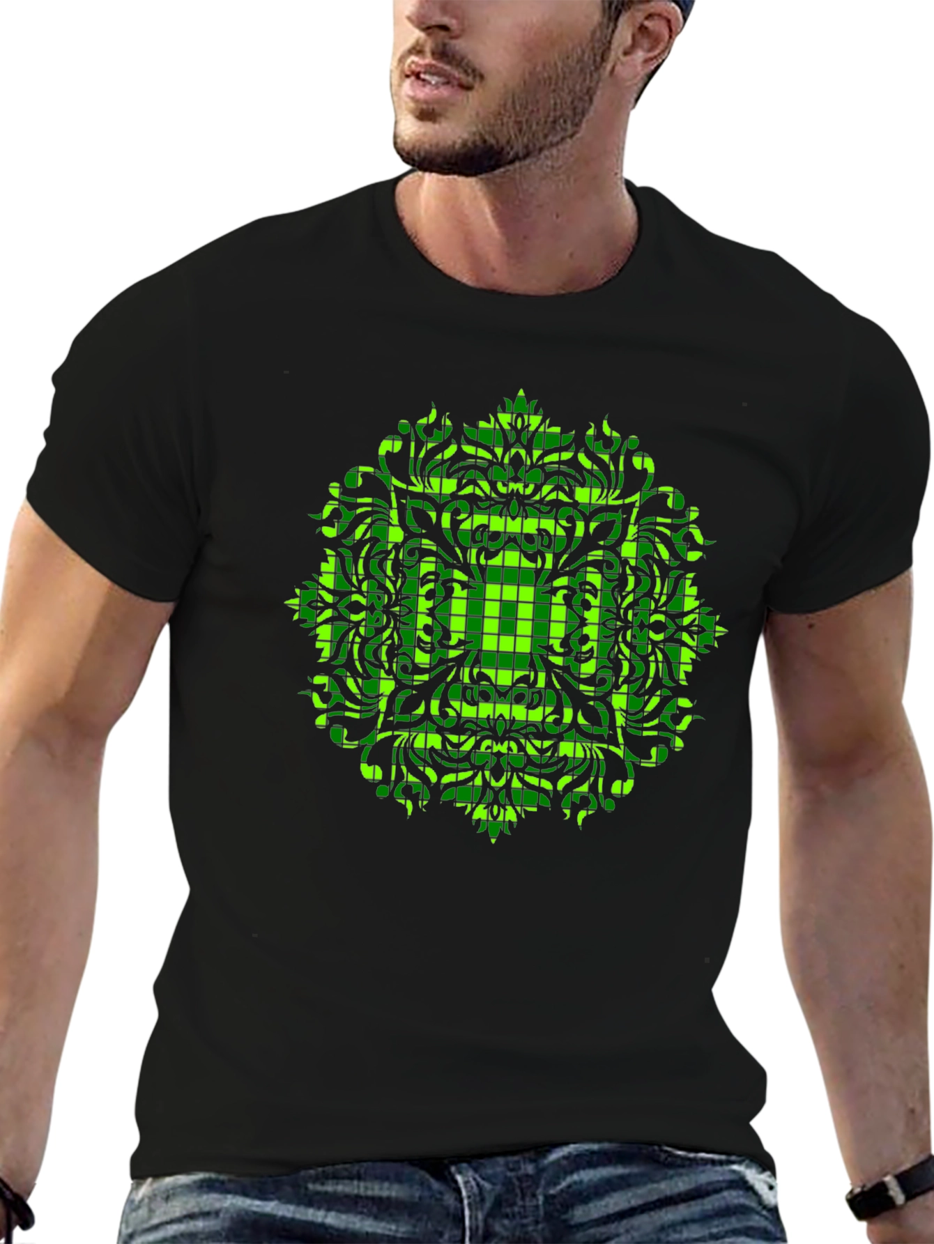 Geometric Green Mandala Graphic Black T-Shirt