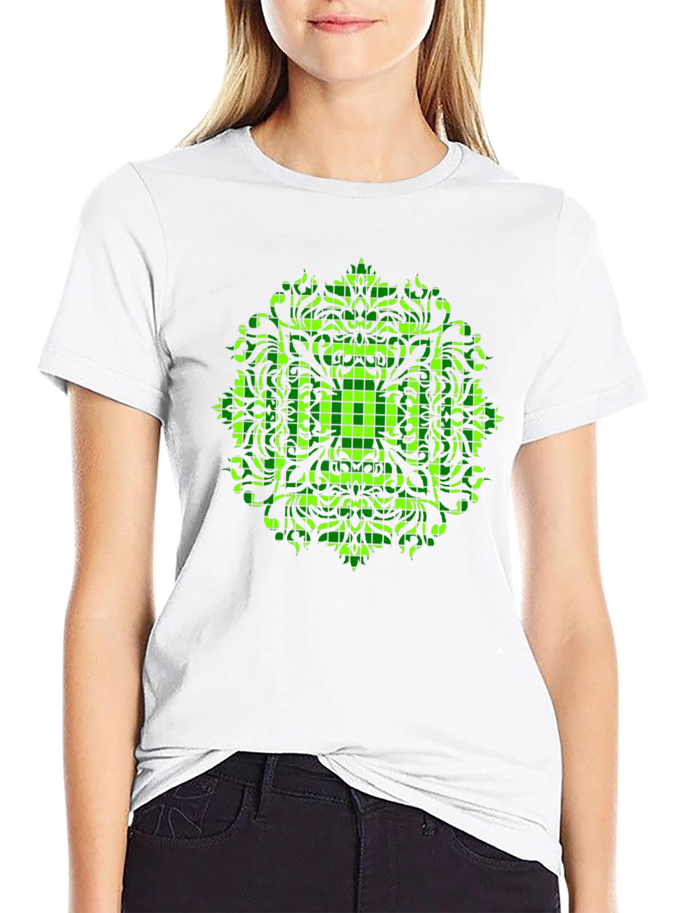 Geometric Green Mandala Graphic Black T-Shirt
