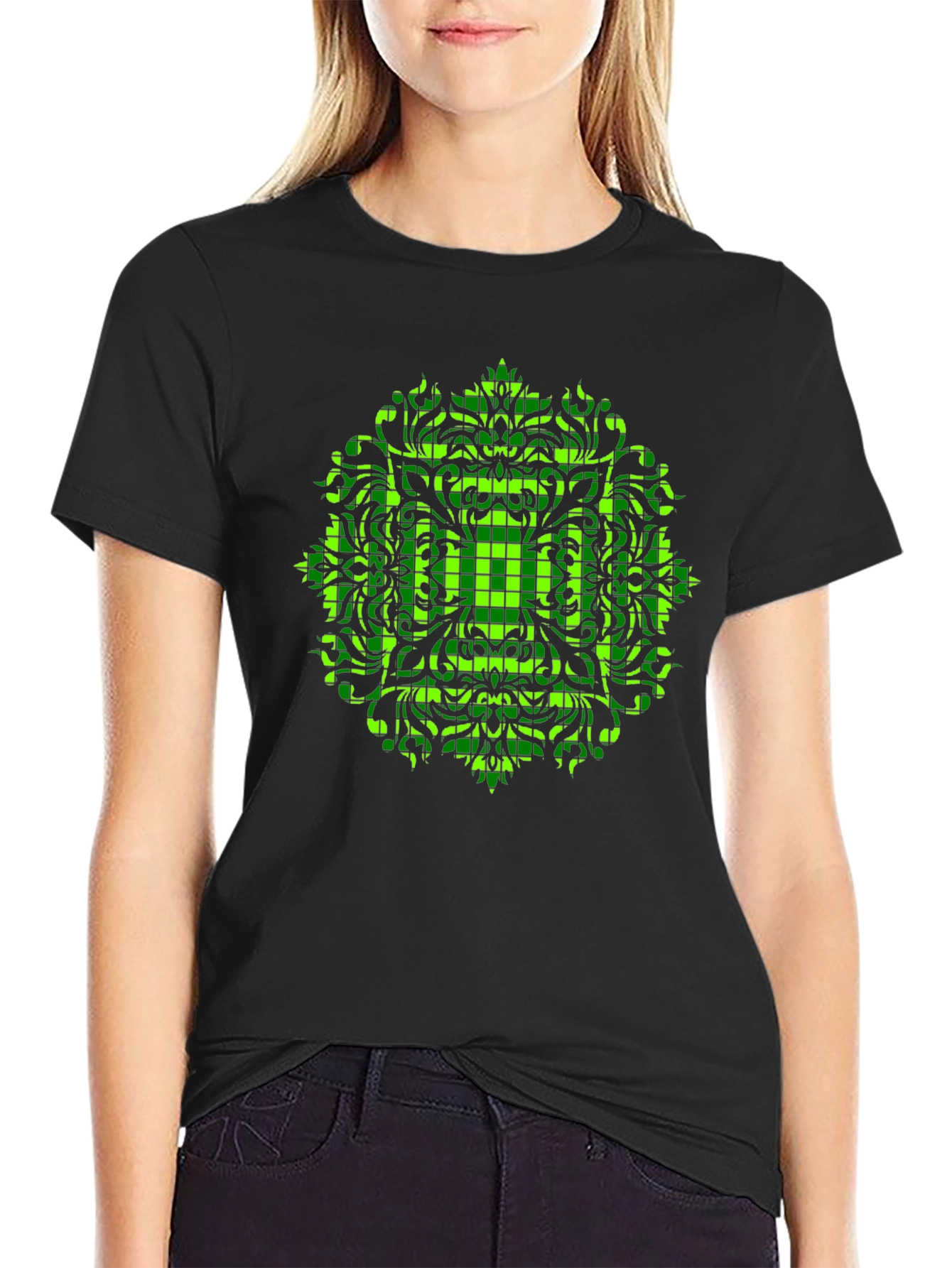 Geometric Green Mandala Graphic Black T-Shirt