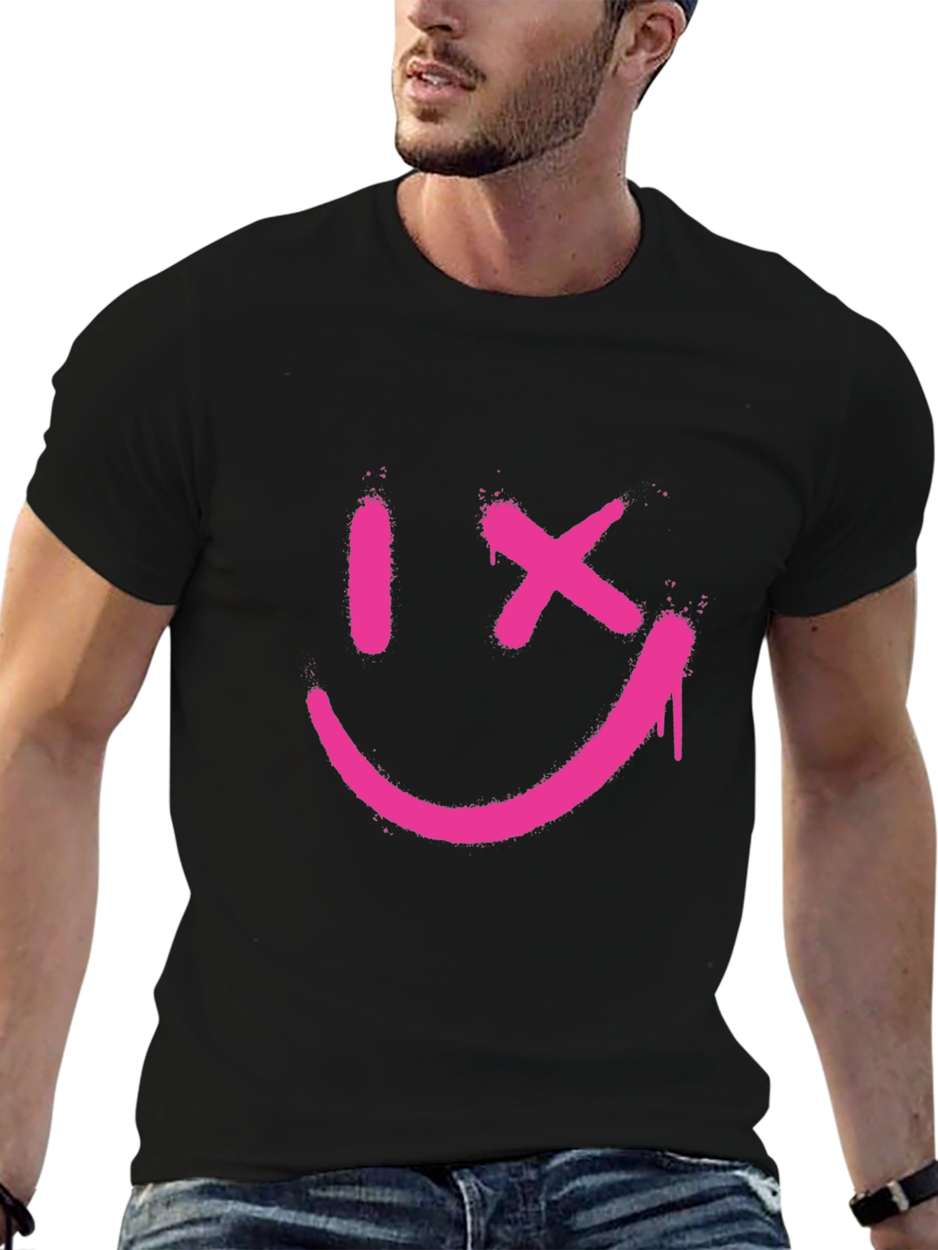 Edgy Smiley Face Graphic Tee - Black