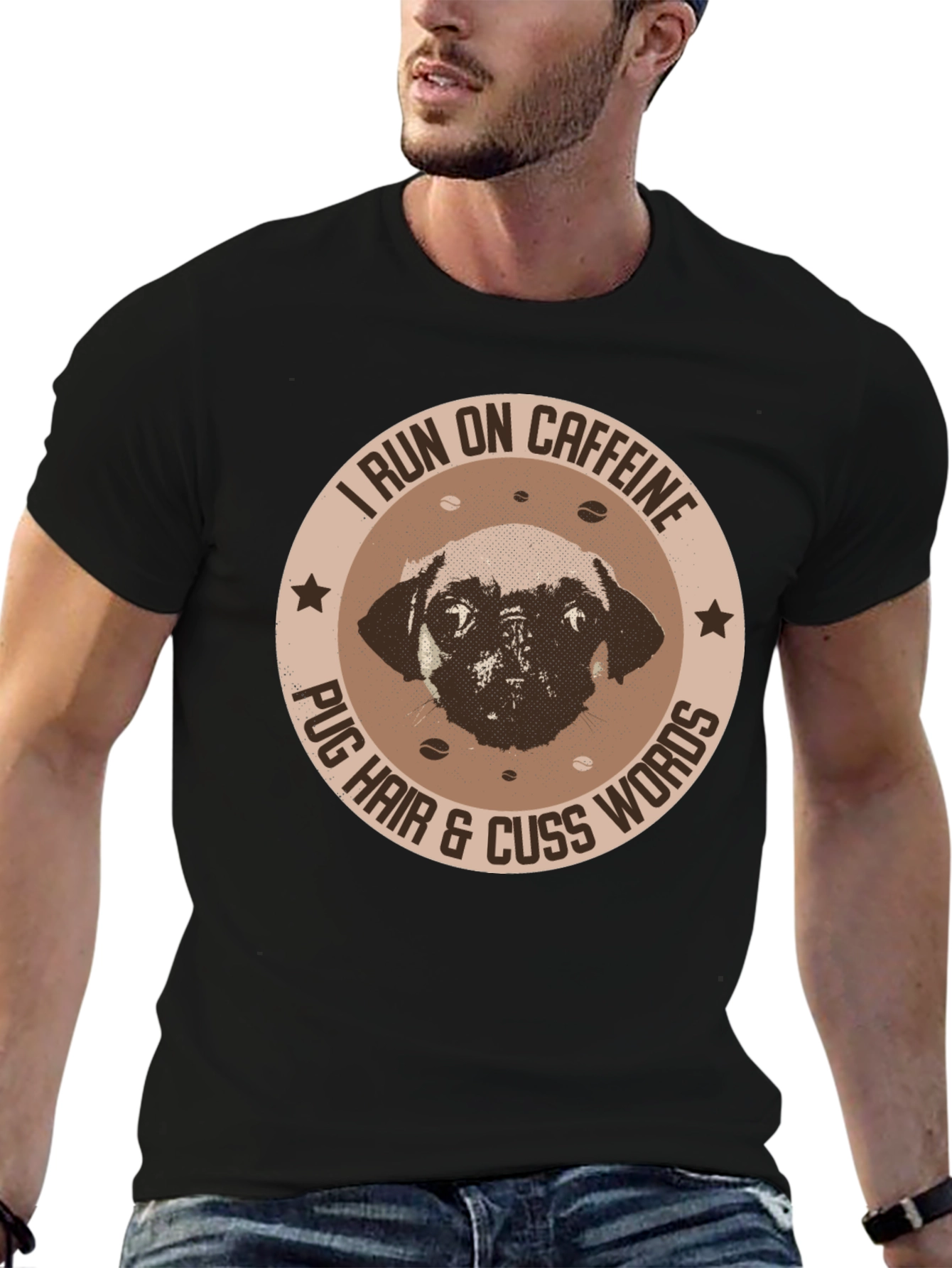 Caffeine-Fueled Pug Black T-Shirt