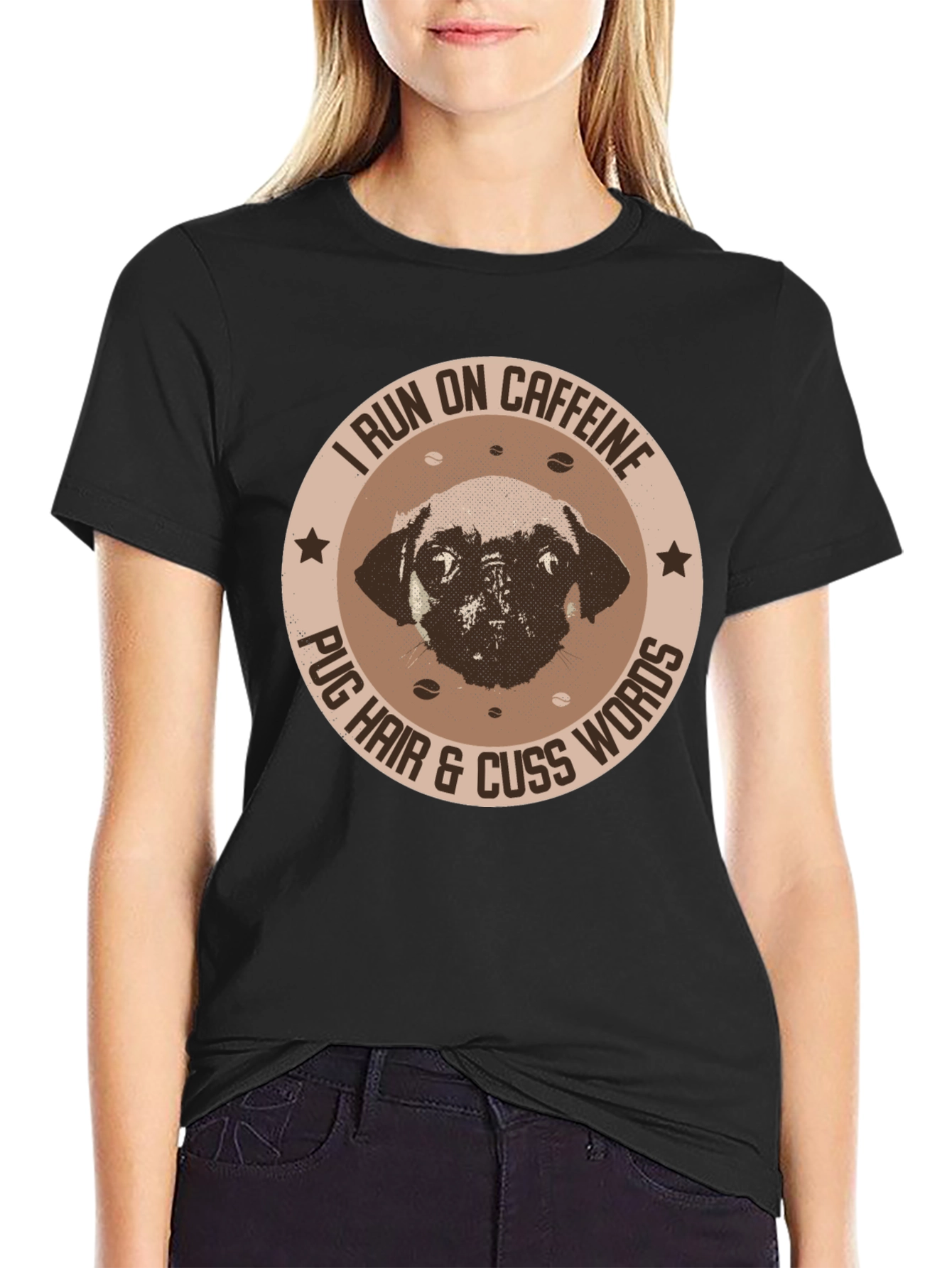 Caffeine-Fueled Pug Black T-Shirt