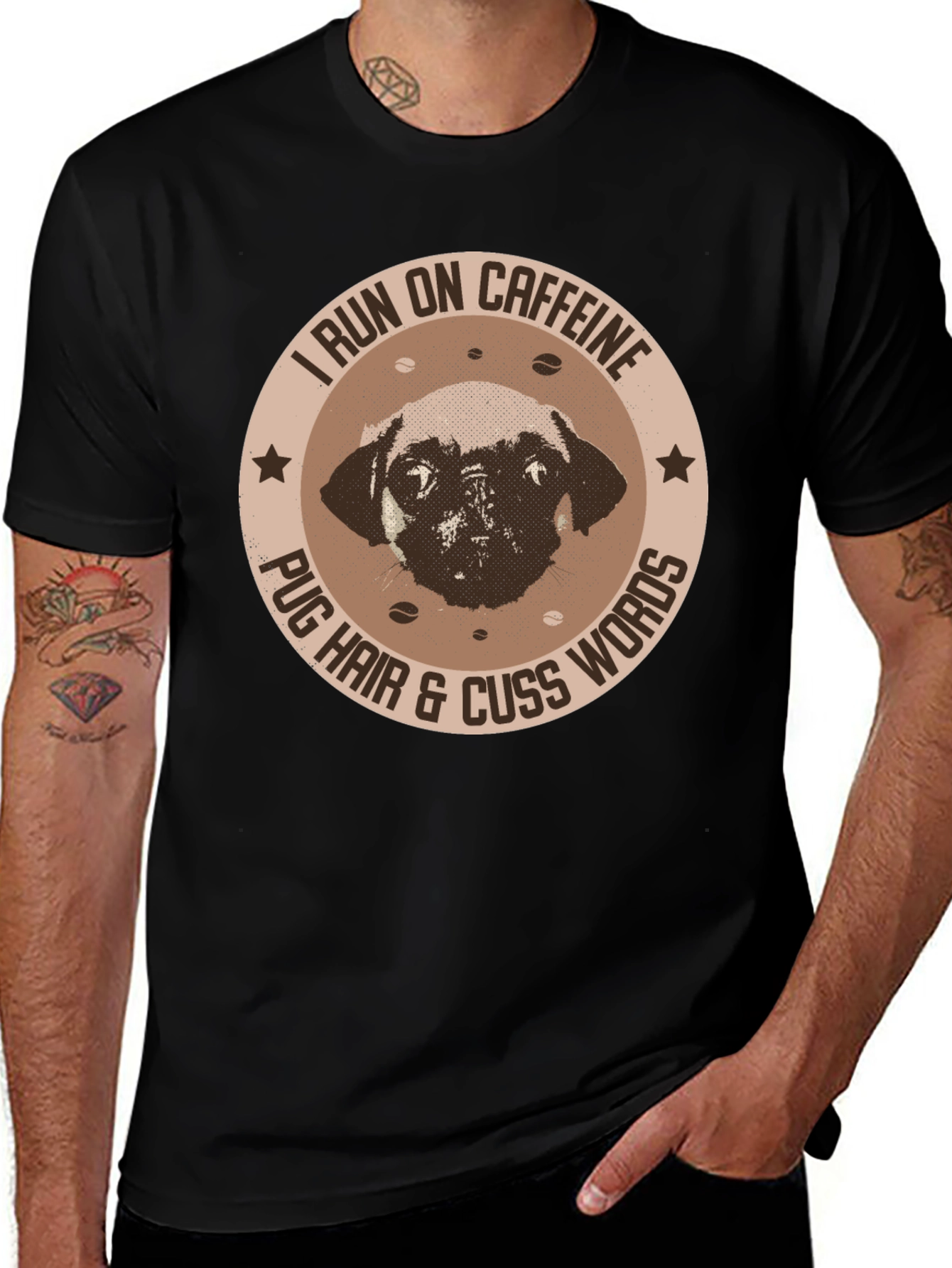 Caffeine-Fueled Pug Black T-Shirt