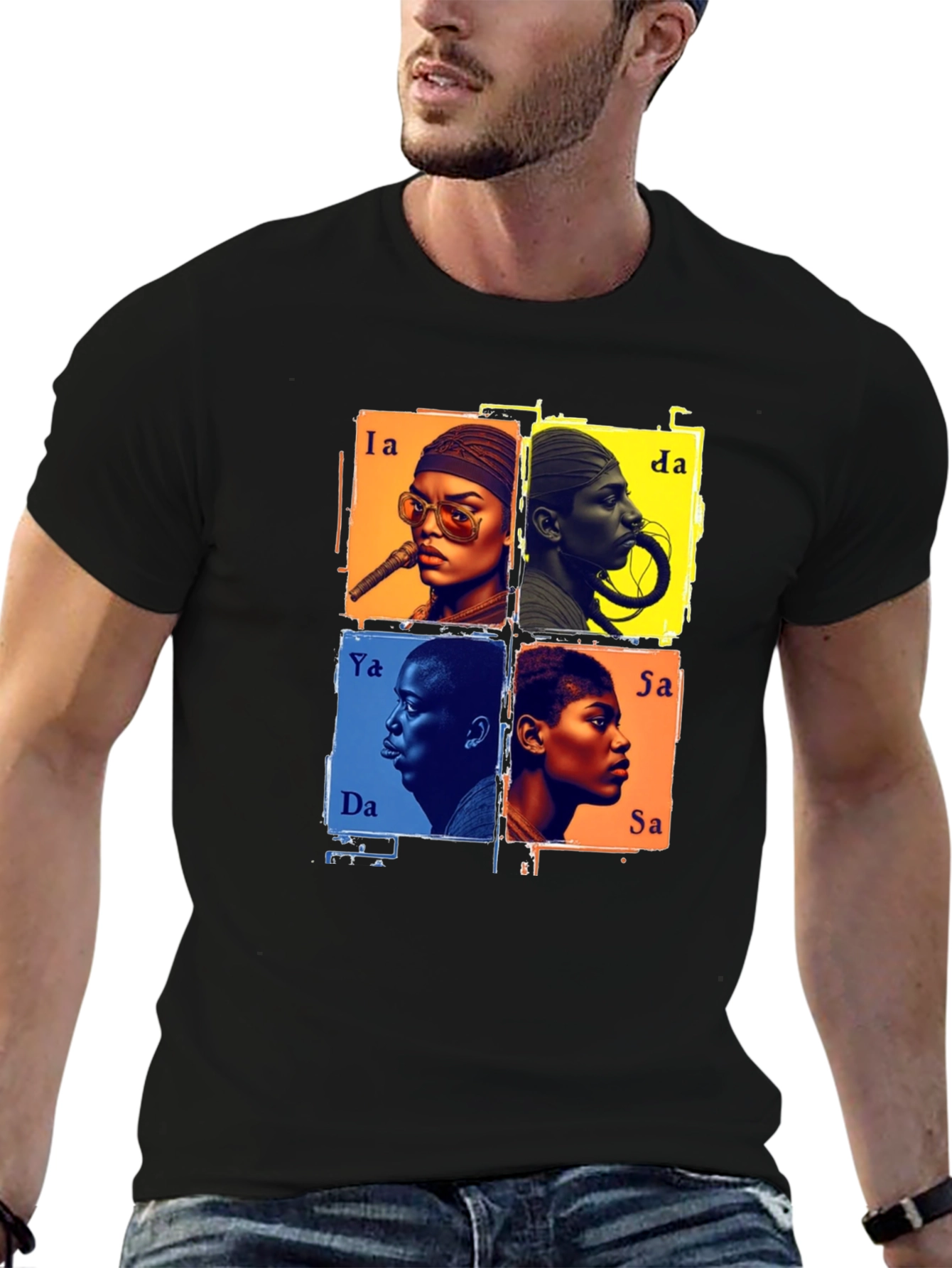 Cool Abstract Square Face Print Black Tee