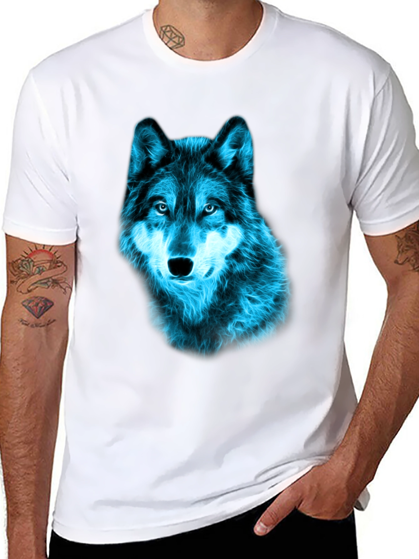 Neon Blue Wolf Graphic Tee - Black Cotton T-Shirt