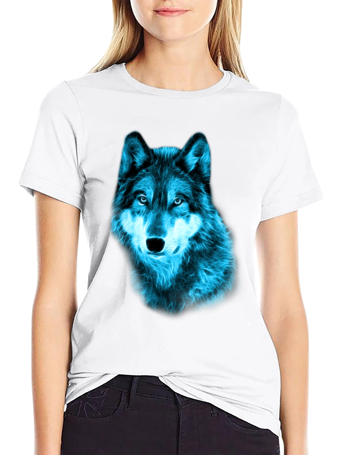 Neon Blue Wolf Graphic Tee - Black Cotton T-Shirt